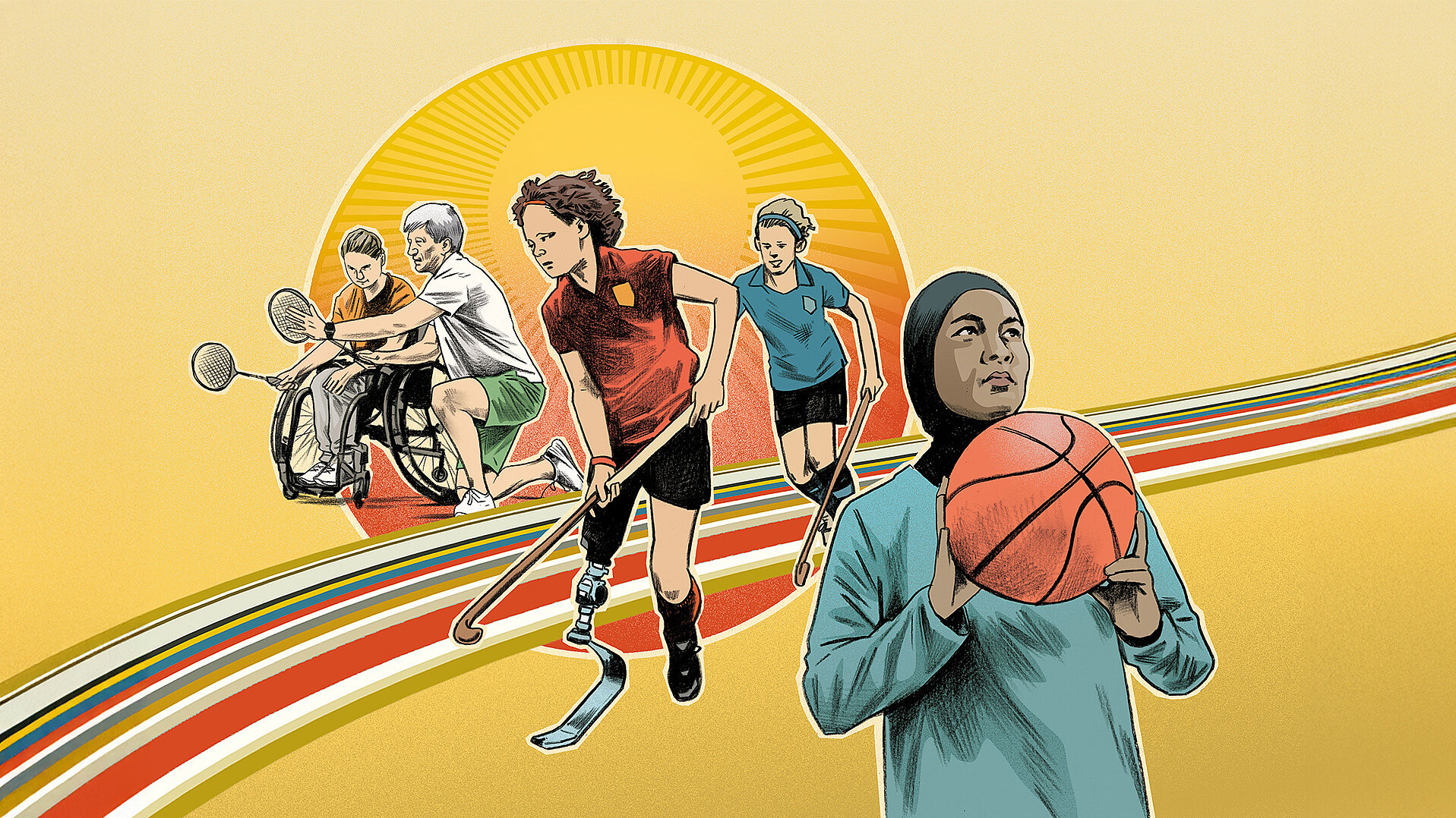 Illustration von fünf Sportlern in verschiedenen Sportarten: ein Rollstuhlfahrer, ein Hockeyspieler, eine Basketballspielerin, eine Läuferin und eine Tennisspielerin. Im Hintergrund ein gelbes Sonnenmotiv. Im Zuge von Seminar zum Umgang mit Antisemitismus und Antimuslimischem Rassismus in Sportstrukturen.