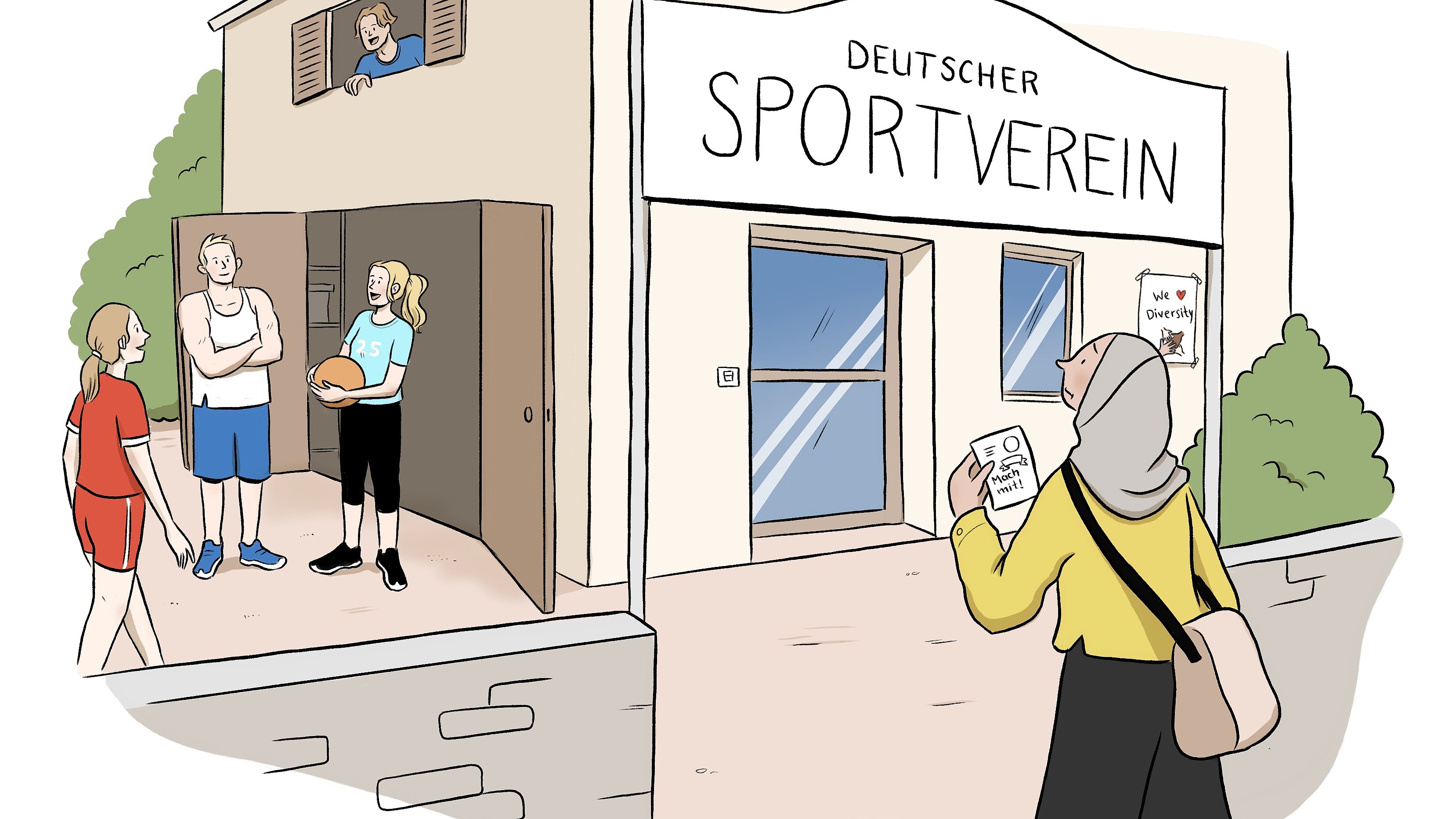 Eine Gruppe von Personen steht vor einem Sportverein. Zwei Personen sind im Eingangsbereich, eine hält einen Basketball. Eine weitere Person steht draußen und schaut auf ein Informationsblatt. Eine Frau mit Kopftuch beobachtet die Szene.