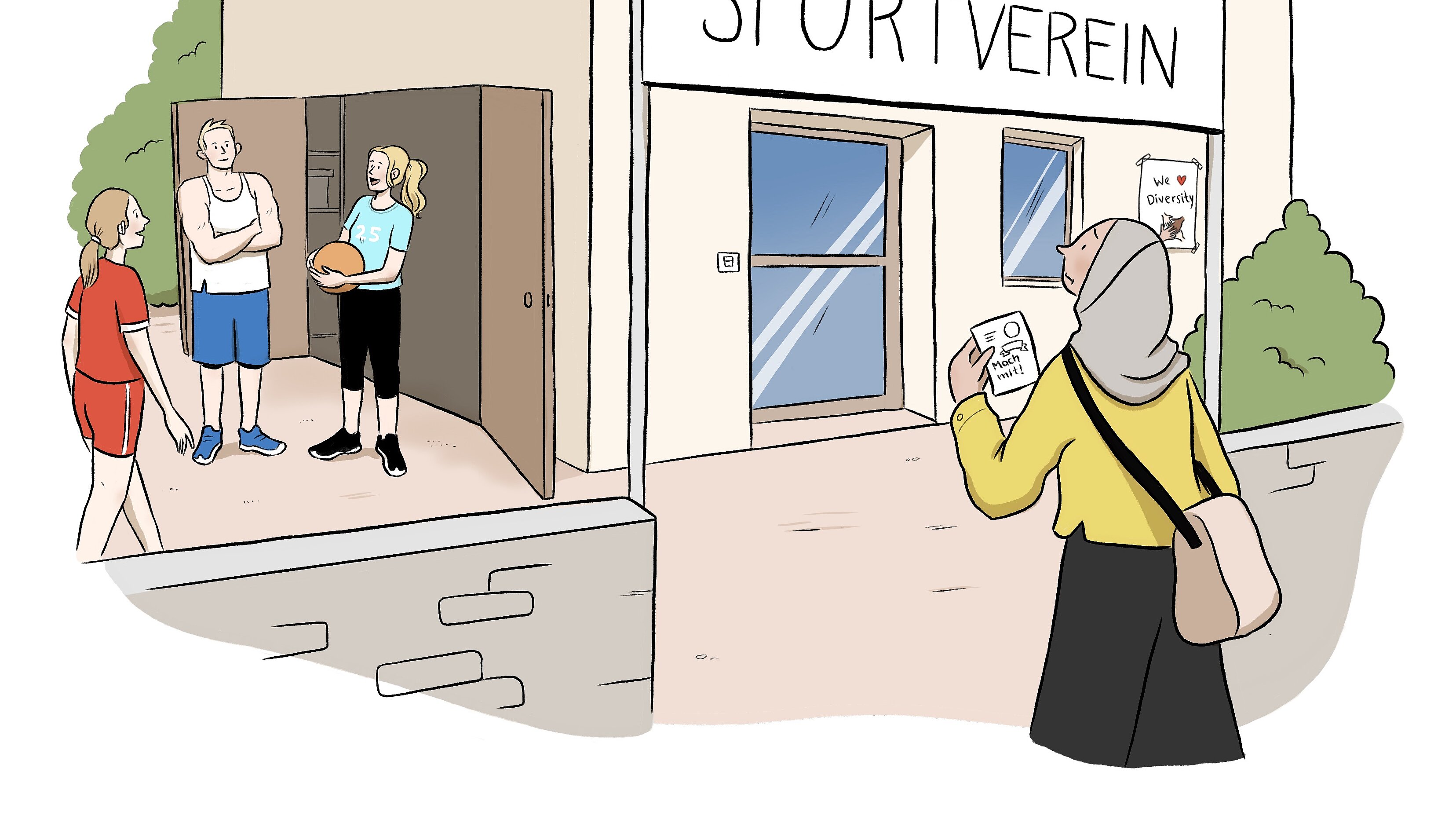 Eine Gruppe von Personen steht vor einem Sportverein. Zwei Personen sind im Eingangsbereich, eine hält einen Basketball. Eine weitere Person steht draußen und schaut auf ein Informationsblatt. Eine Frau mit Kopftuch beobachtet die Szene.