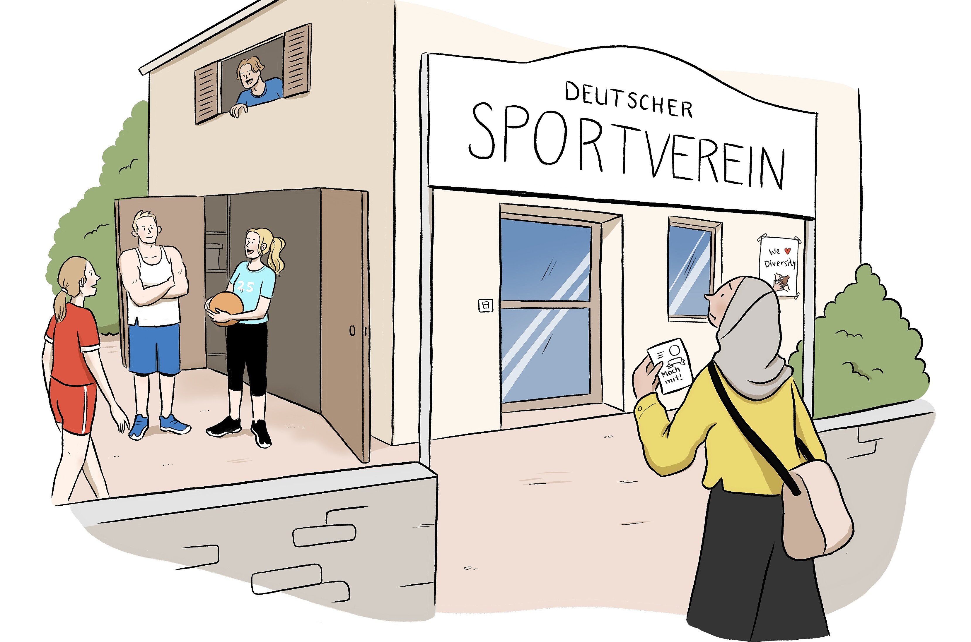 Eine Gruppe von Personen steht vor einem Sportverein. Zwei Personen sind im Eingangsbereich, eine hält einen Basketball. Eine weitere Person steht draußen und schaut auf ein Informationsblatt. Eine Frau mit Kopftuch beobachtet die Szene.