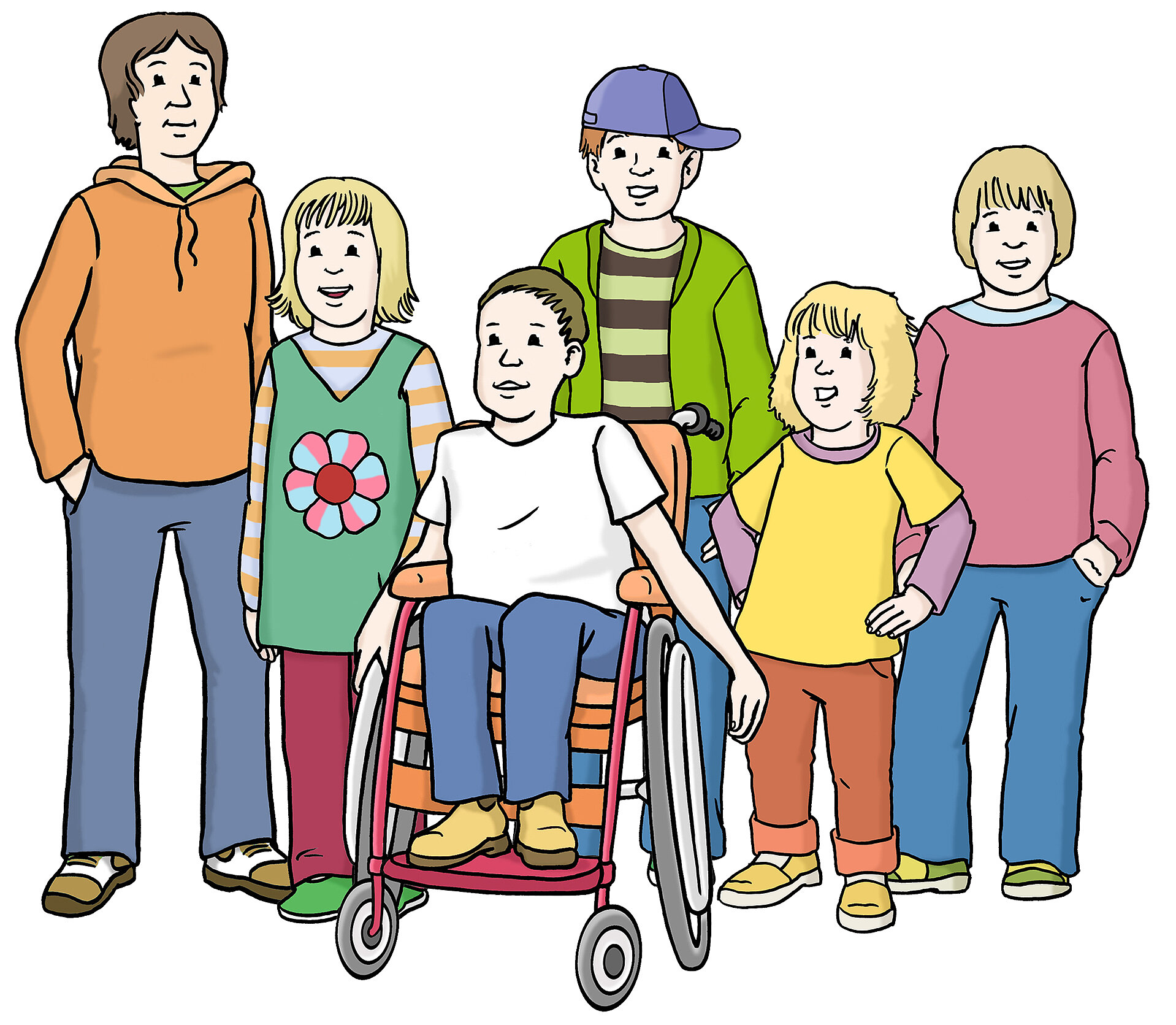 Sechs Kinder stehen zusammen, lächeln und posieren. Ein Junge sitzt in einem Rollstuhl in der Mitte, umgeben von anderen Kindern, die unterschiedliche Kleidung tragen. Die Gruppe strahlt Freundschaft und Zusammenhalt aus.