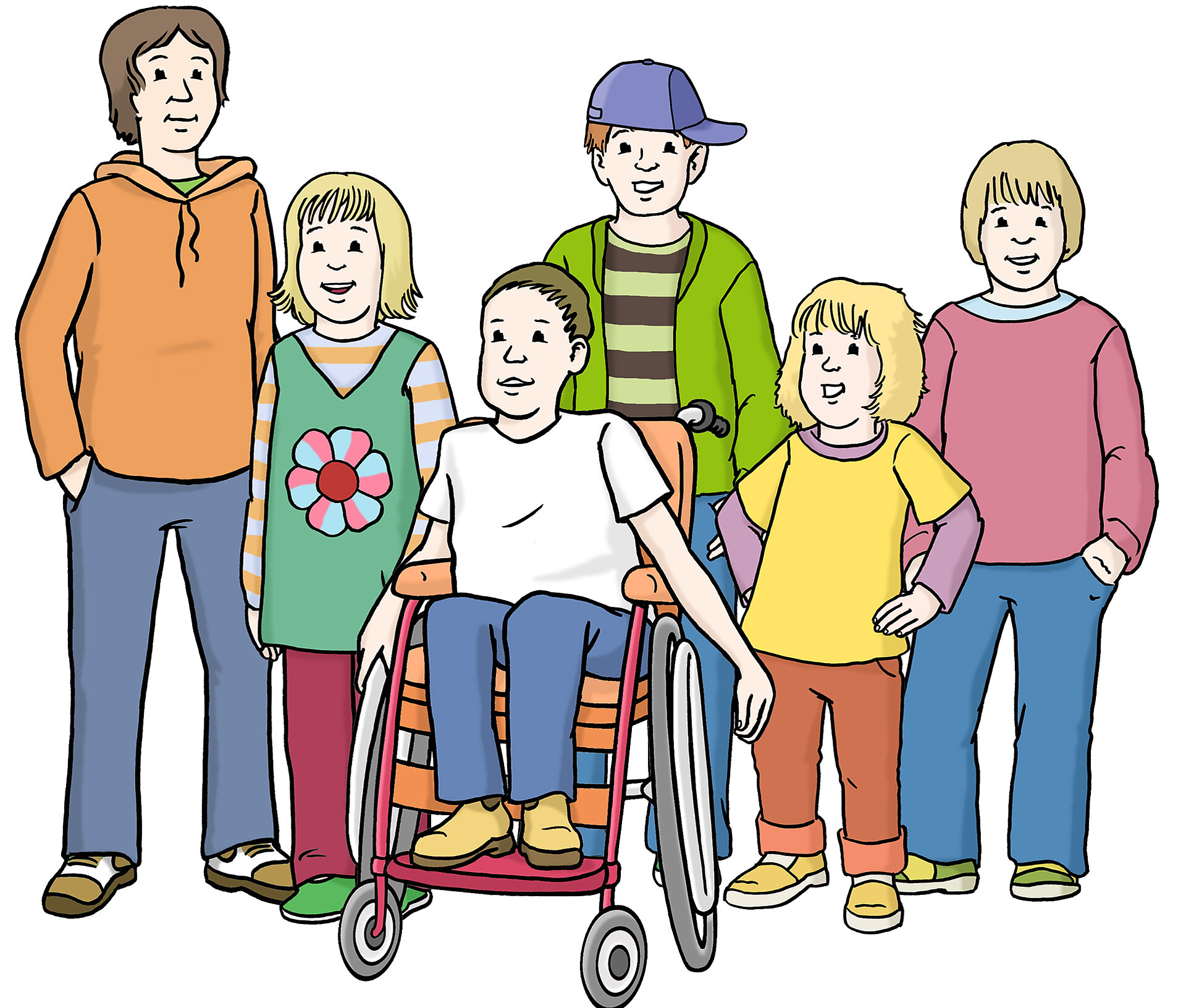 Sechs Kinder stehen zusammen, lächeln und posieren. Ein Junge sitzt in einem Rollstuhl in der Mitte, umgeben von anderen Kindern, die unterschiedliche Kleidung tragen. Die Gruppe strahlt Freundschaft und Zusammenhalt aus.