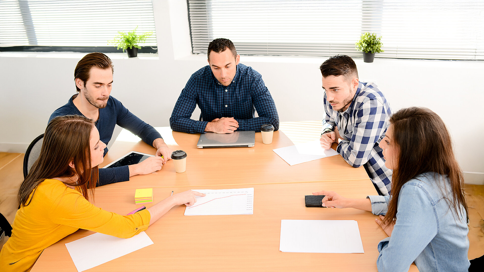Fünf Personen sitzen an einem Tisch mit leeren Blättern und Kaffeetassen, diskutieren konzentriert in einem hellen Büro mit Pflanzen auf der Fensterbank. Beschluss der personellen Besetzung der Arbeits- und Beratungsgremien des dsj-Gesamtvorstandes werden veröffentlicht. 