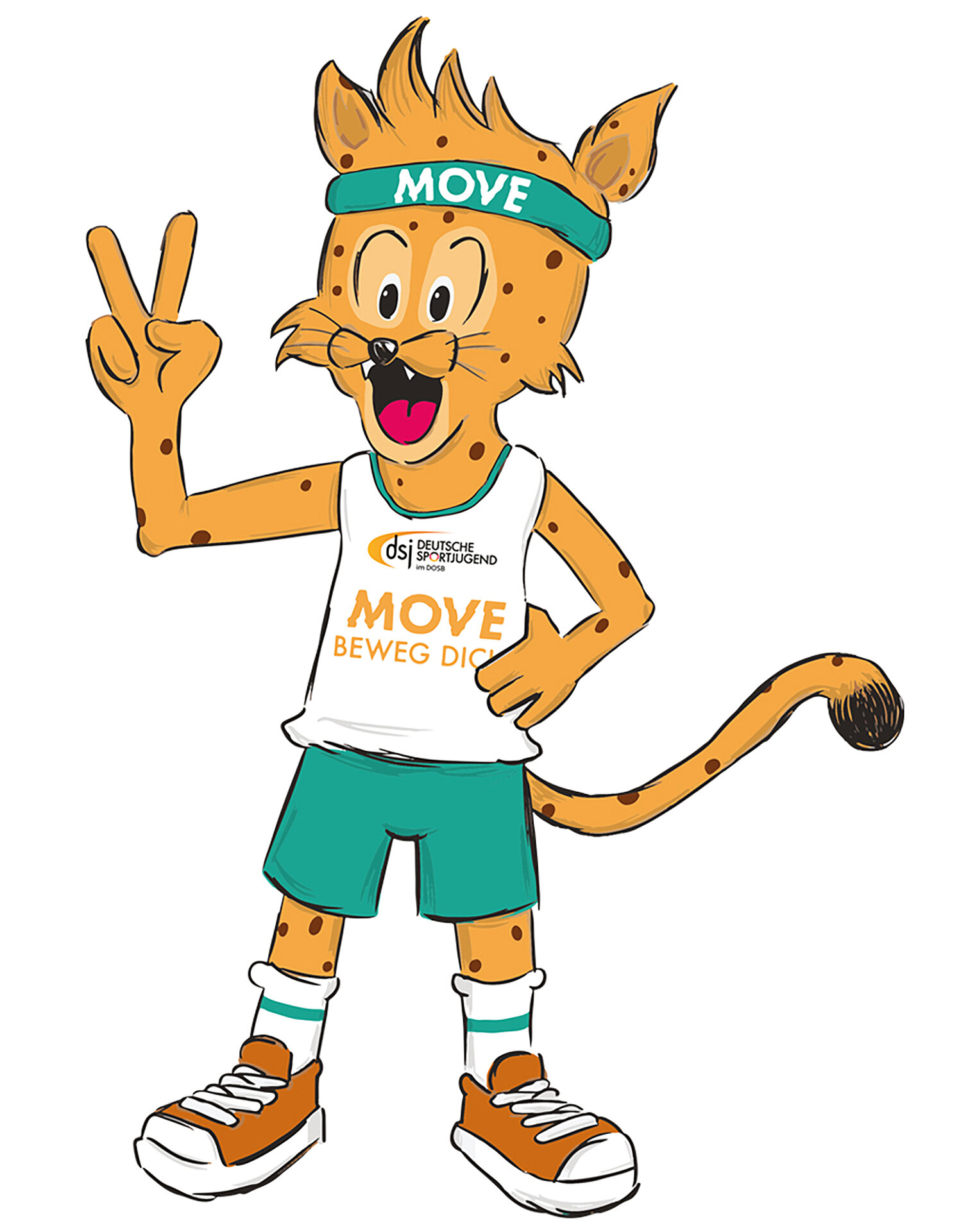 Ein cartoonartiger Charakter mit orangefarbenem Fell und einem fröhlichen Gesicht steht in sportlicher Kleidung. Er trägt ein weißes T-Shirt mit der Aufschrift "MOVE" und eine grüne Stirnband. Der Charakter macht ein Peace-Zeichen mit einer Hand und hat einen langen Schwanz.