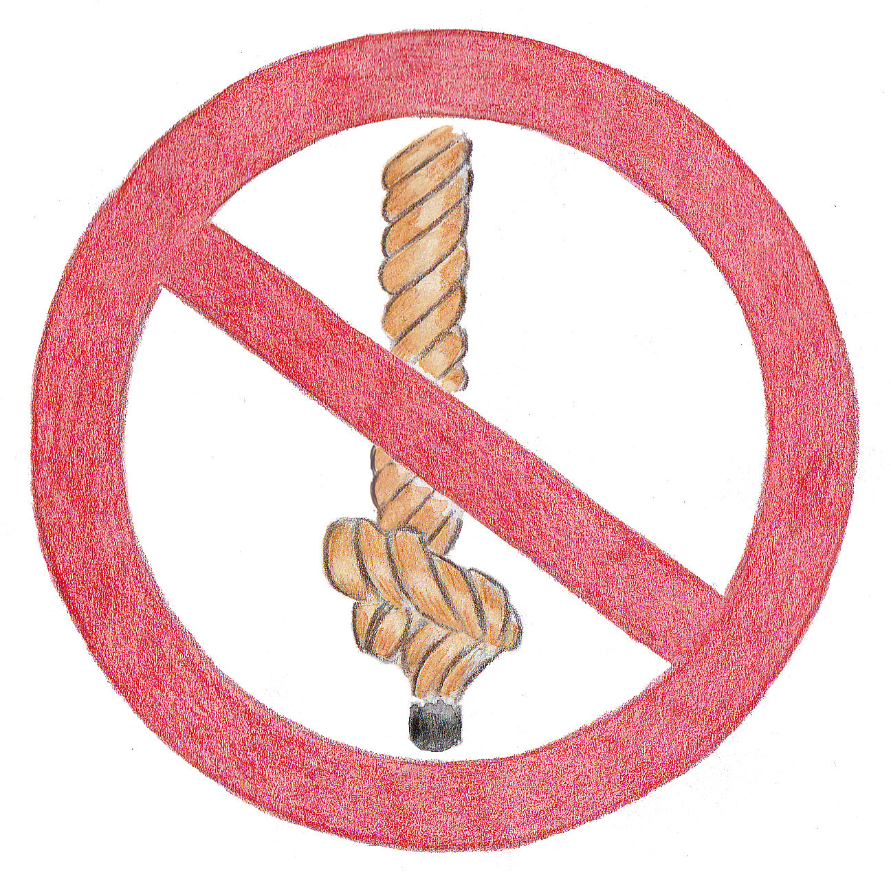 Illustration eines Seils mit Knoten, das von einem roten Verbotssymbol überlagert ist; die Darstellung weist darauf hin, dass das Klettern oder Befestigen in dieser Form nicht erlaubt ist.