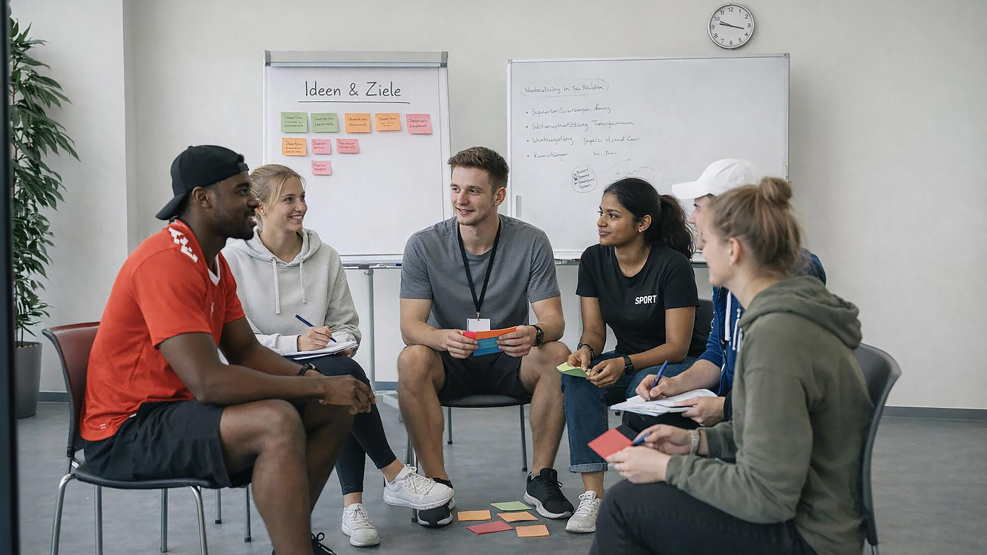 Jugendliche sitzen im Kreis und arbeiten in einem Workshop gemeinsam mit Moderationskarten an Ideen und Zielen.