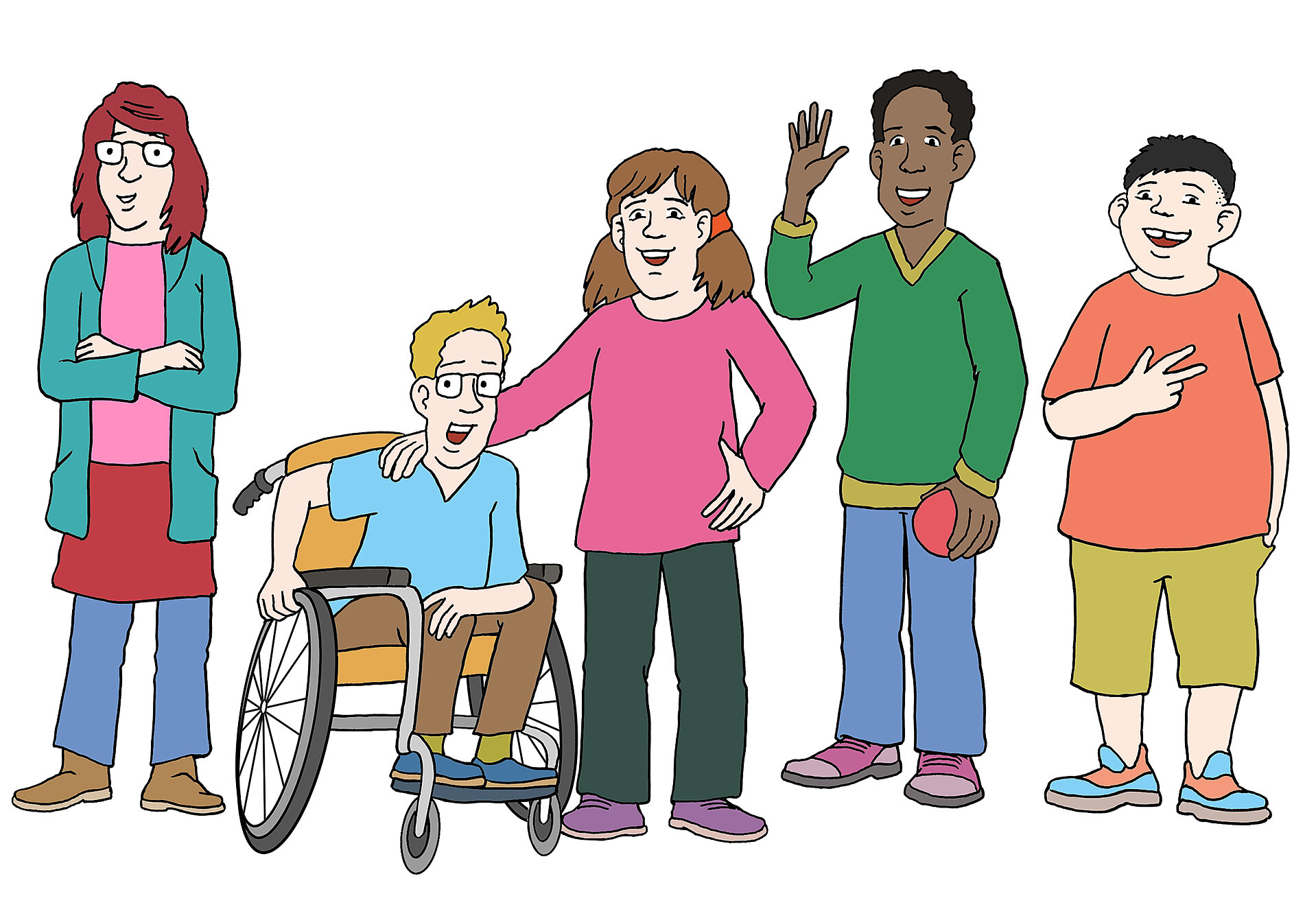 Fünf cartoonartige Figuren stehen zusammen. Eine Person im Rollstuhl wird von einer anderen umarmt. Die Gruppe besteht aus verschiedenen Geschlechtern und Hautfarben, und alle lächeln. Einige halten Sportgeräte, während andere freundlich winken oder posieren.