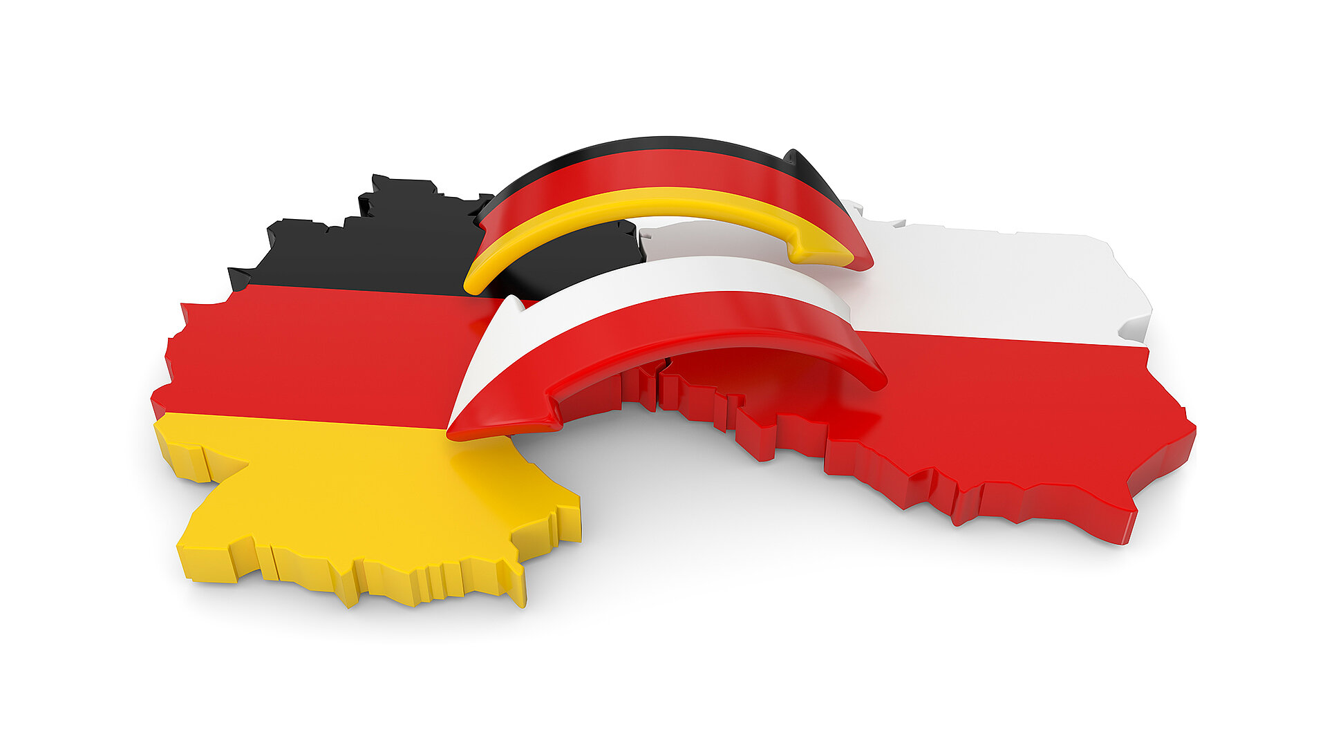 3D-Darstellung der Umrisse von Deutschland und Polen mit den jeweiligen Nationalfarben und einem Verbindungselement in der Mitte als symbolische Darstellung von Partnerschaften zwischen den beiden Ländern