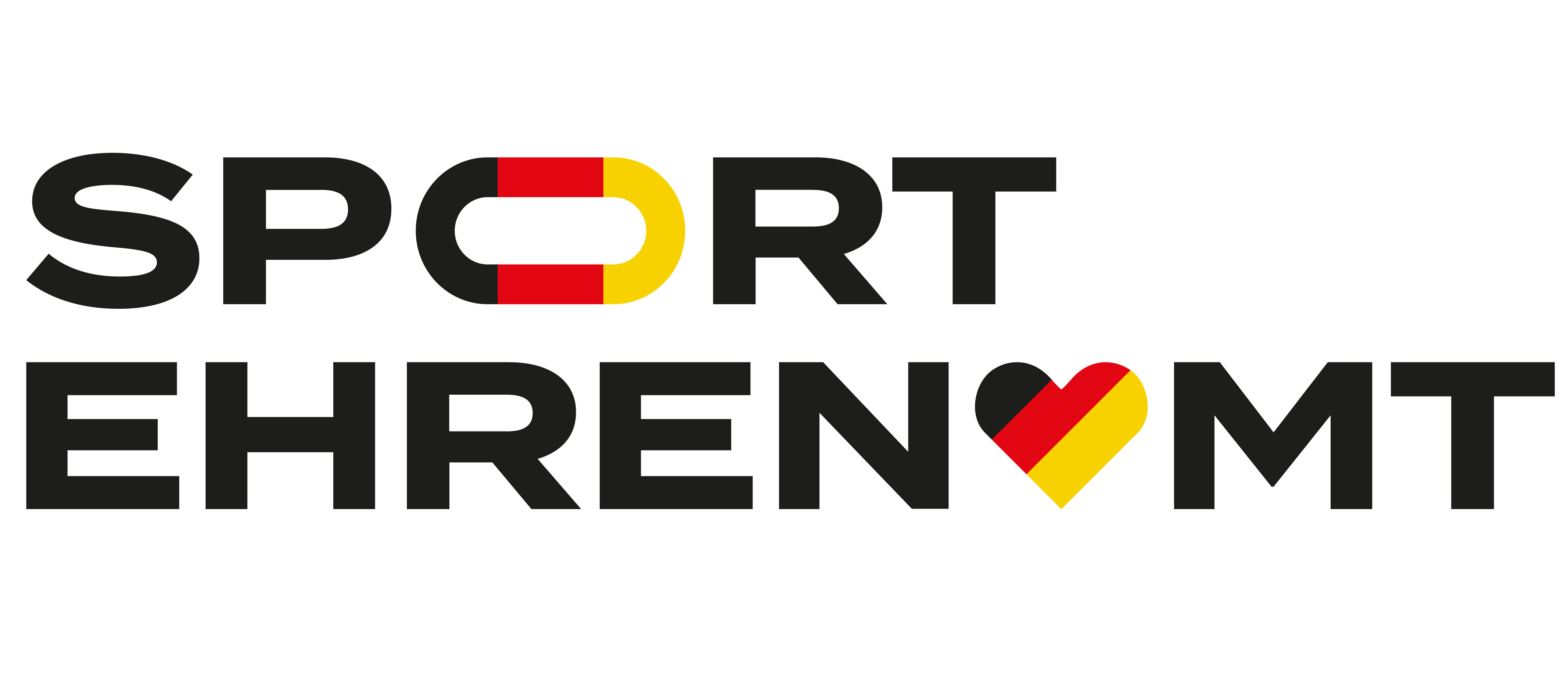 Logo: Sport Ehrenamt. Schriftzug 'SPORT EHRENAMT' in Großbuchstaben, das 'O' in SPORT als rot-schwarz-gelber Halbkreis, das 'A' in EHRENAMT als Herz in den Farben Schwarz, Rot und Gelb.