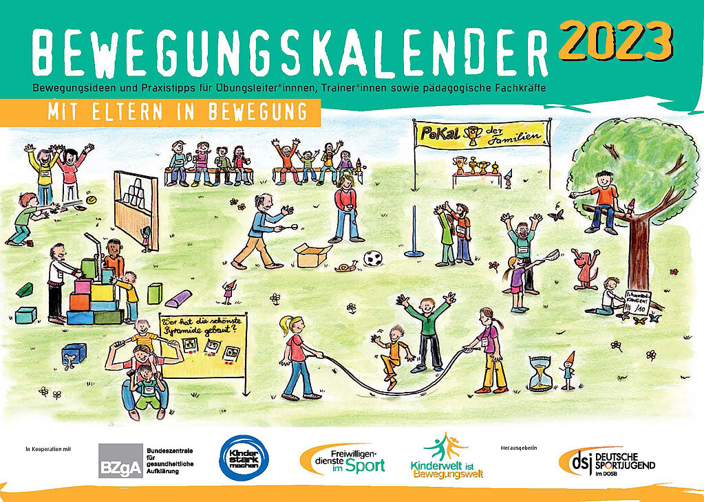 Illustration eines Bewegungskalenders für 2023, der Aktivitäten mit Eltern zeigt. Verschiedene Gruppen von Menschen sind beim Spielen, Sport und anderen Bewegungsaktivitäten dargestellt. Der Titel "Bewegungskalender 2023" ist prominent platziert, umgeben von bunten Zeichnungen von Kindern und Erwachsenen in Bewegung.