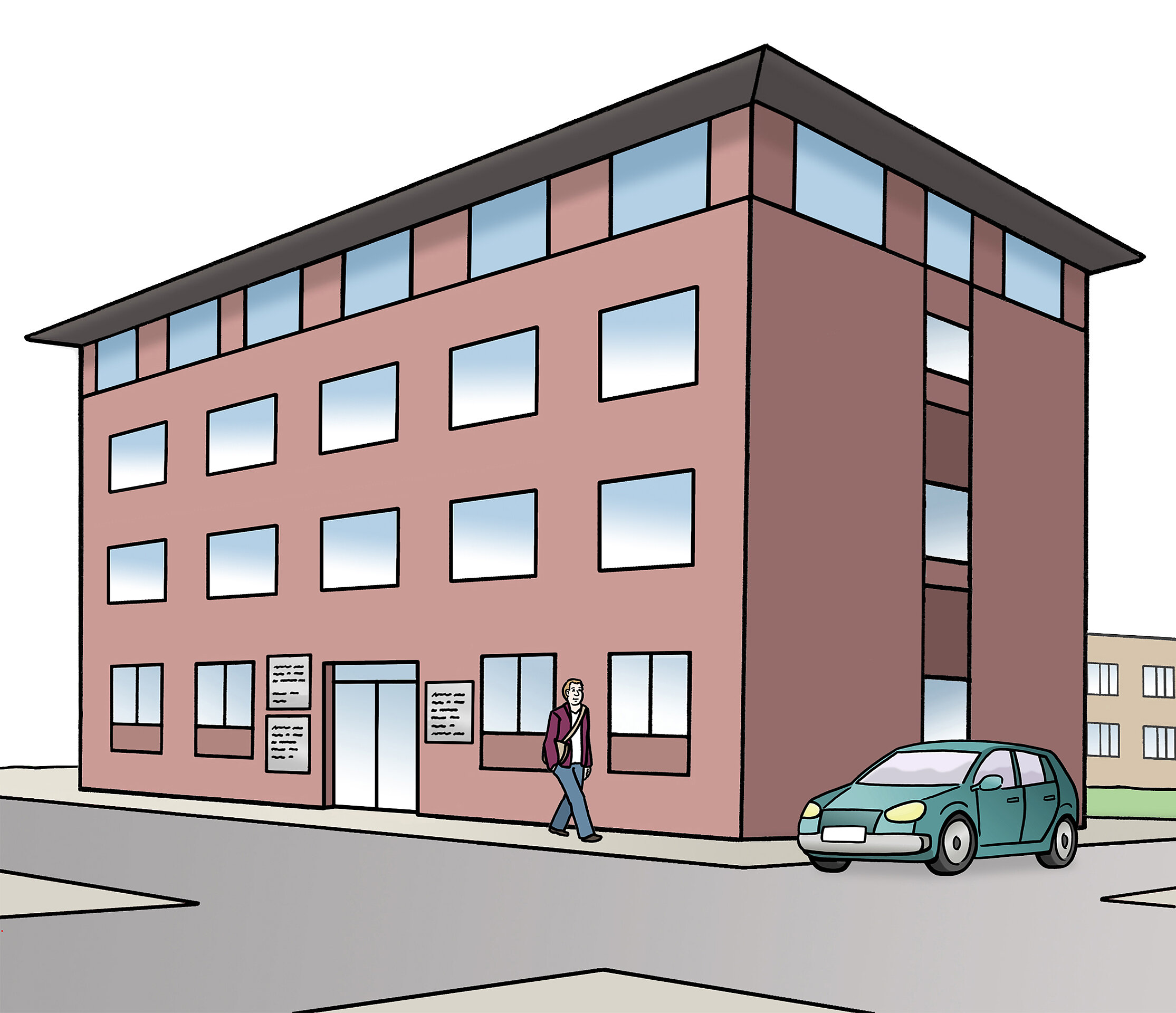 Ein rotes, dreigeschossiges Gebäude mit vielen Fenstern steht an einer Straßenecke. Eine Person geht auf dem Gehweg vorbei, während ein Auto in der Nähe parkt. Die Umgebung wirkt urban und freundlich.