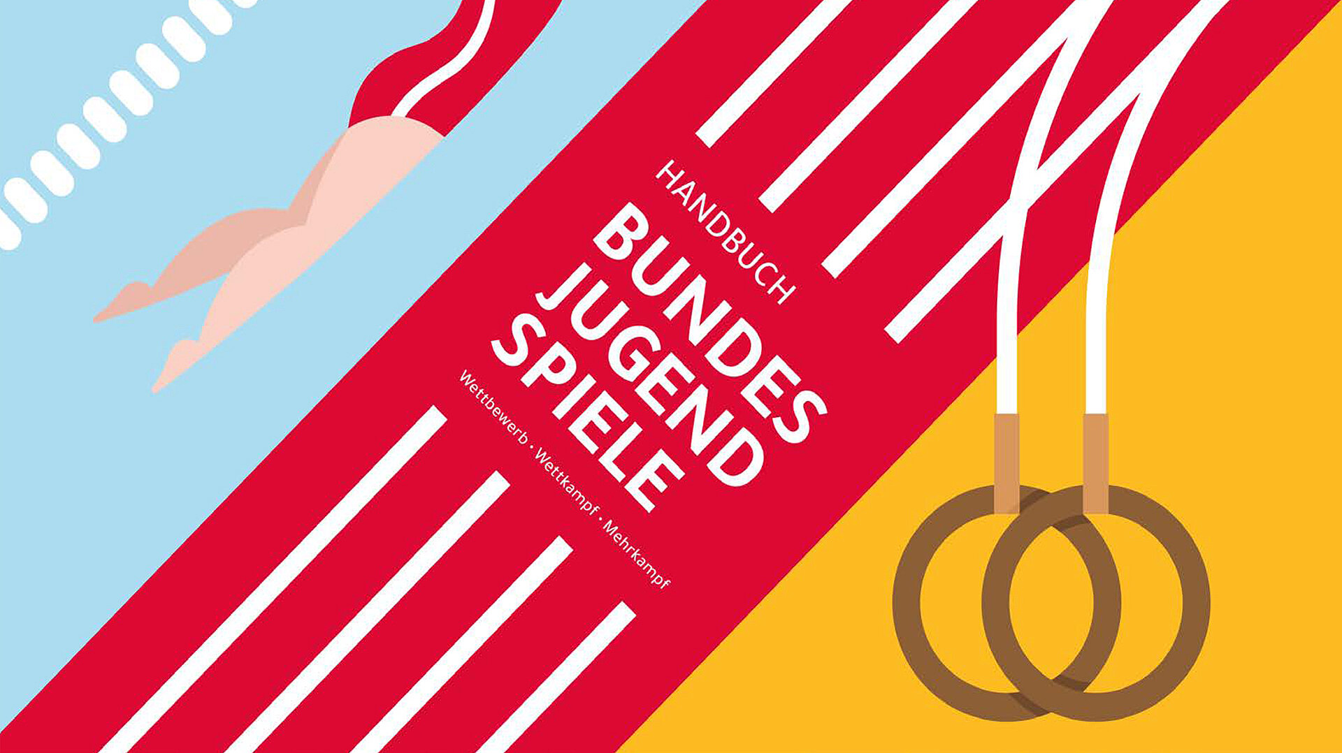 Grafische Illustration eines Handbuch-Covers „Bundesjugendspiele“ mit roten, gelben und blauen Farbflächen; weiße stilisierte Laufbahnen und Turnringe; Titel „Handbuch Bundesjugendspiele“ zentral auf rotem Hintergrund platziert.