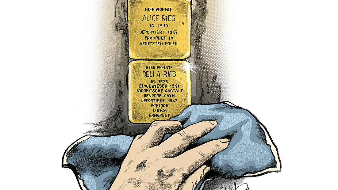 Illustration einer Hand, die zwei Stolpersteine mit den Namen der deportierten und ermordeten Alice Ries und Bella Ries poliert – symbolisches Gedenken am 27. Januar, dem Tag des Gedenkens an die Opfer des Nationalsozialismus, als Mahnung für Demokratie und Verantwortung im Sport.