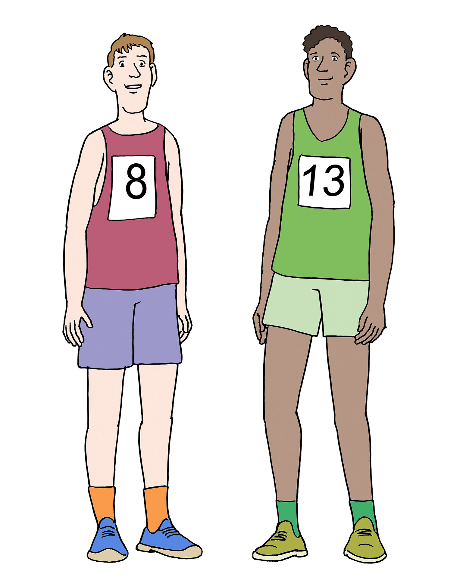 Zwei männliche Läufer stehen nebeneinander. Der linke trägt ein rotes Trikot mit der Nummer 8 und kurze lila Shorts. Der rechte trägt ein grünes Trikot mit der Nummer 13 und kurze hellgrüne Shorts. Beide haben sportliche Schuhe an und lächeln.