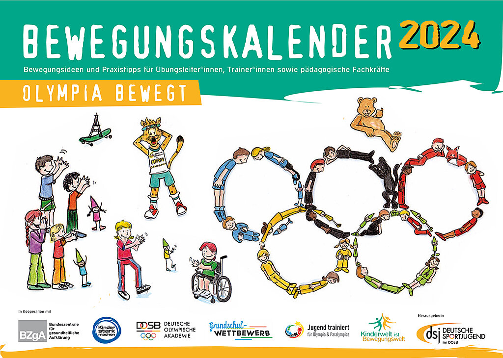 Ein bunter Kalender mit dem Titel "Bewegungskalender 2024". Er zeigt verschiedene sportliche Aktivitäten und Figuren, die die olympischen Ringe bilden. Der Hintergrund ist grün, und es gibt mehrere Logos von Organisationen, die sich mit Sport und Jugend beschäftigen.