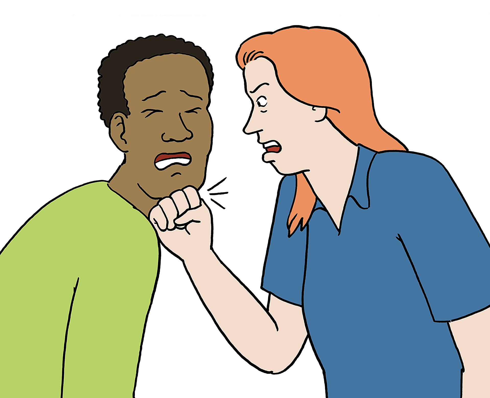 Eine Person mit dunkler Hautfarbe zeigt ein besorgtes Gesicht, während eine andere Person mit rotem Haar und blauer Kleidung energisch auf sie einredet. Die Körpersprache deutet auf einen Konflikt oder eine hitzige Diskussion hin.