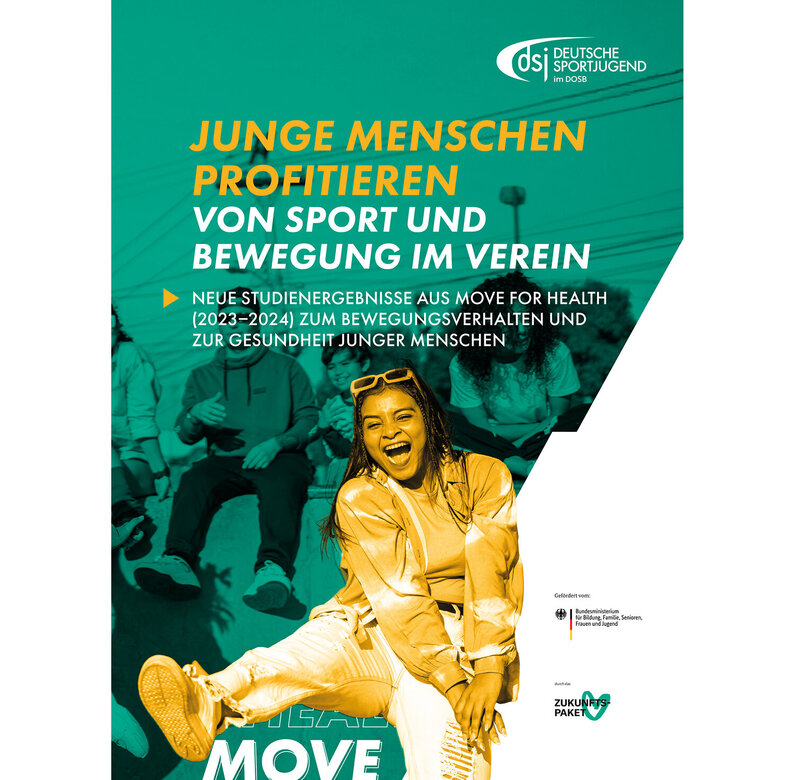 Junge Person in sportlicher Kleidung steht mit einem Bein ausgestreckt, Text zu Vorteilen von Sport und Bewegung im Verein für junge Menschen, Logo Deutsche Sportjugend