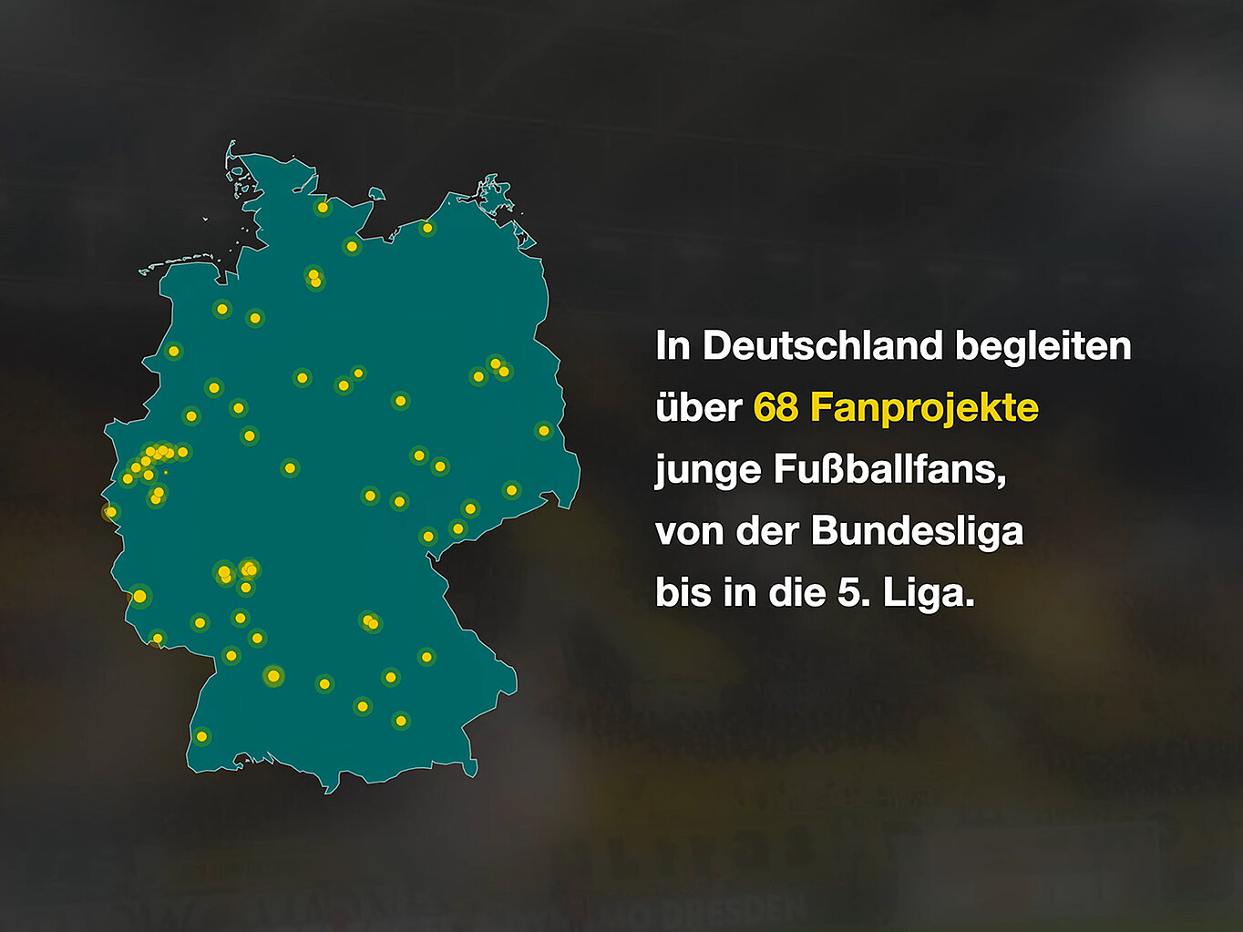 Eine Karte von Deutschland zeigt über 68 Fanprojekte, die junge Fußballfans von der Bundesliga bis zur 5. Liga unterstützen. Gelbe Punkte markieren die Standorte dieser Projekte.