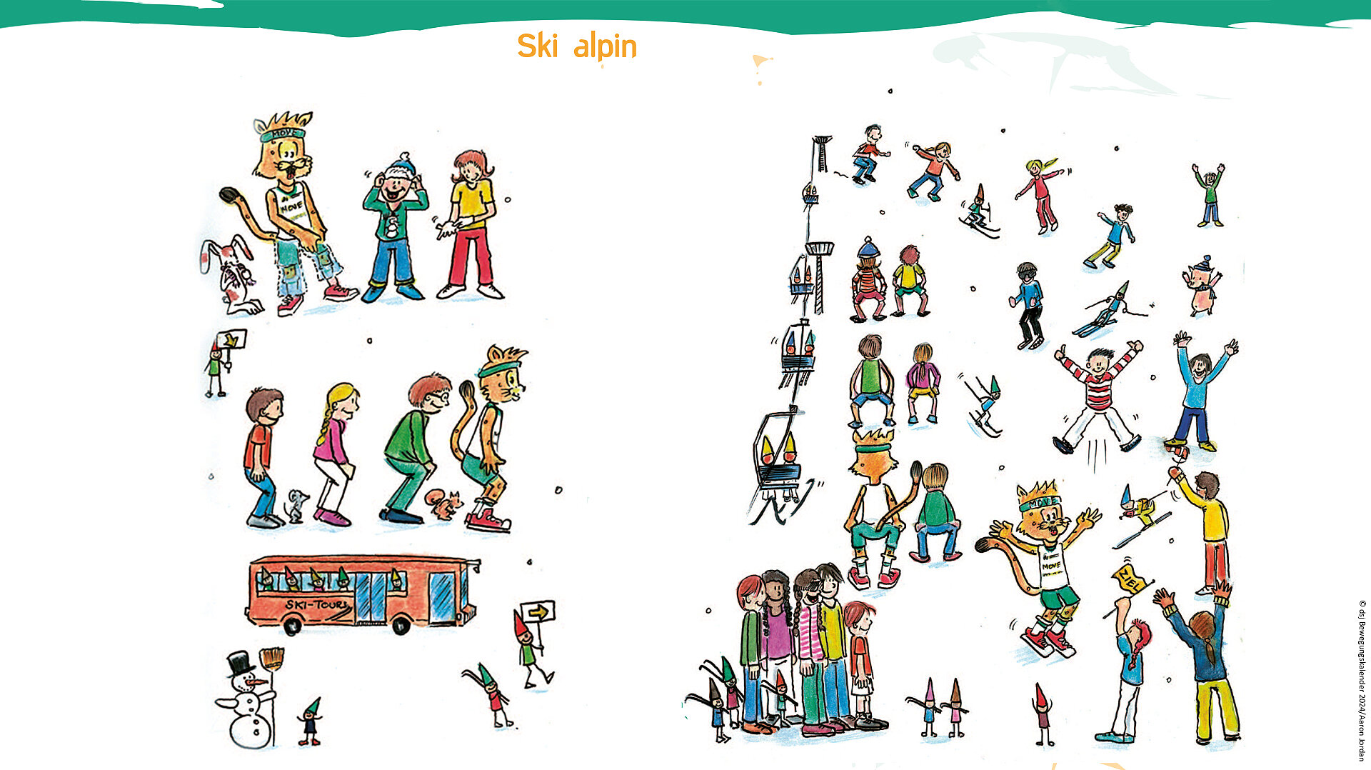 Eine bunte Illustration zeigt verschiedene Szenen des alpinen Skifahrens. Menschen in Skikleidung fahren Ski, stehen in Warteschlangen, und es gibt eine Gruppe, die einen Bus besteigt. Ein Schneemann und fröhliche Figuren ergänzen die winterliche Atmosphäre.