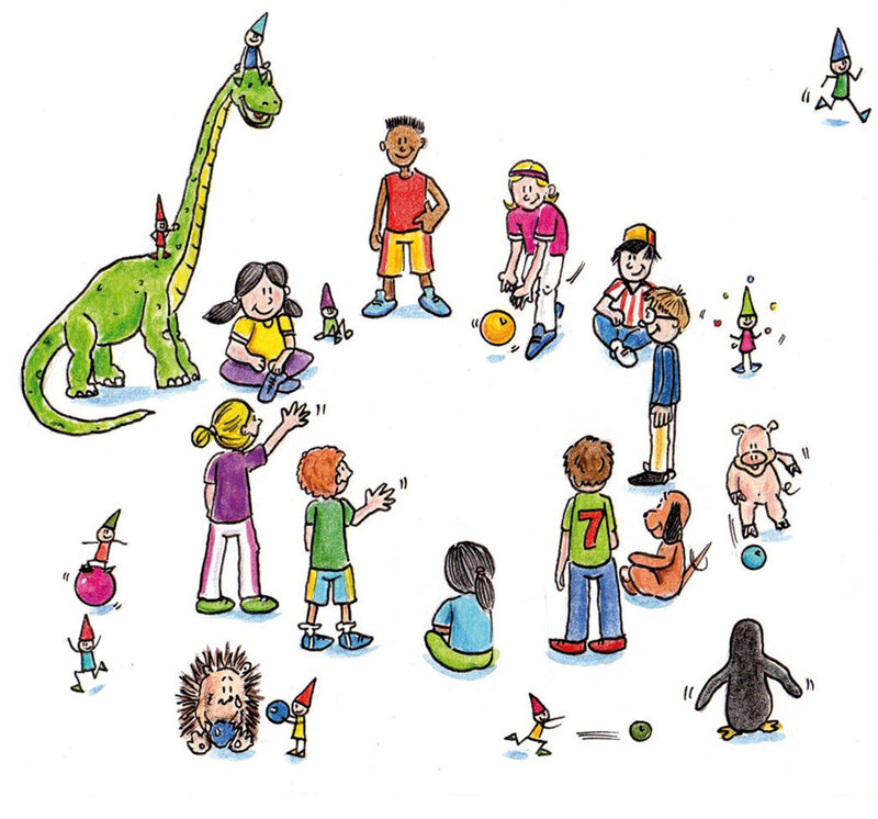 Illustration für den dsj-Bewegungskalender 2026. Kinder in verschiedenen Positionen spielen Pass-Stafette, umgeben von einem Dinosaurier und Tieren. Einige tragen Hüte.