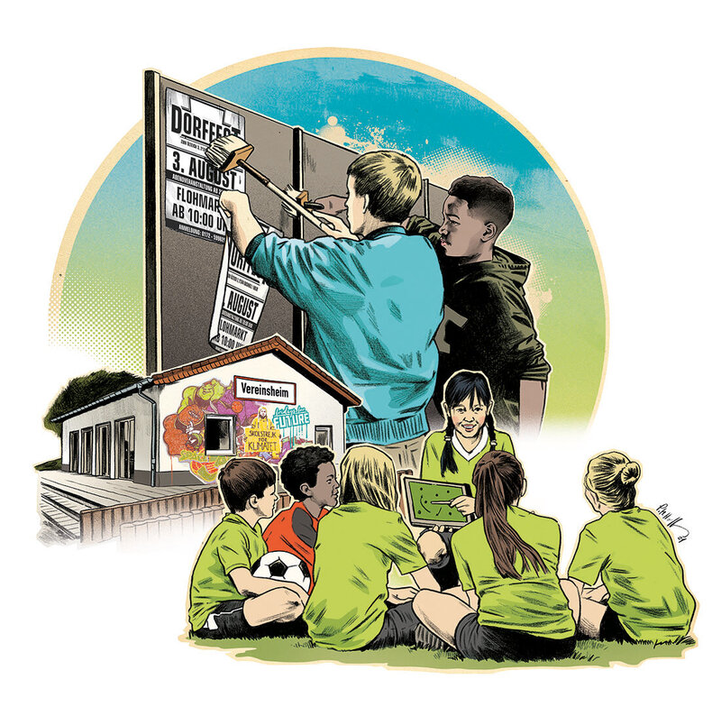 Illustration einer Dorfgemeinschaft: Kinder und Jugendliche versammeln sich vor einem Vereinsheim, während gemeinsam ein Plakat für ein Dorffest angebracht wird – Motiv zur Ausschreibung des Vereinspreises „Sport mit Haltung“ 2026, das Gemeinschaft, Engagement und demokratische Werte im Sport zeigt.