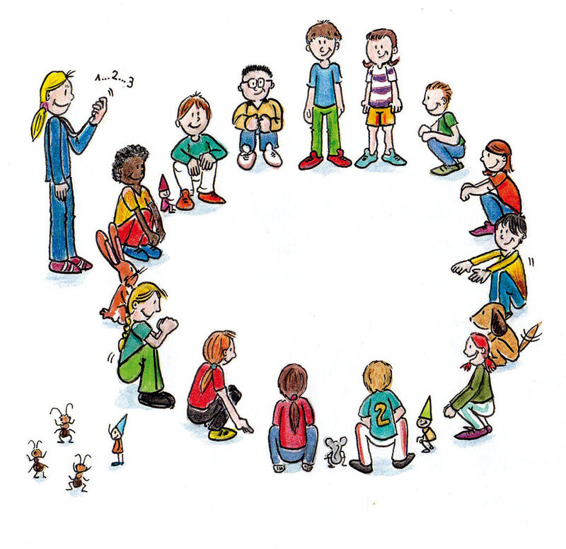 Illustration aus dem dsj-Bewegungskalender 2026 von Kindern in einem Kreis, die verschiedene Aktivitäten ausführen. Eine Person steht und zählt. Zwei kleine Figuren in der unteren linken Ecke zeigen Ameisen.