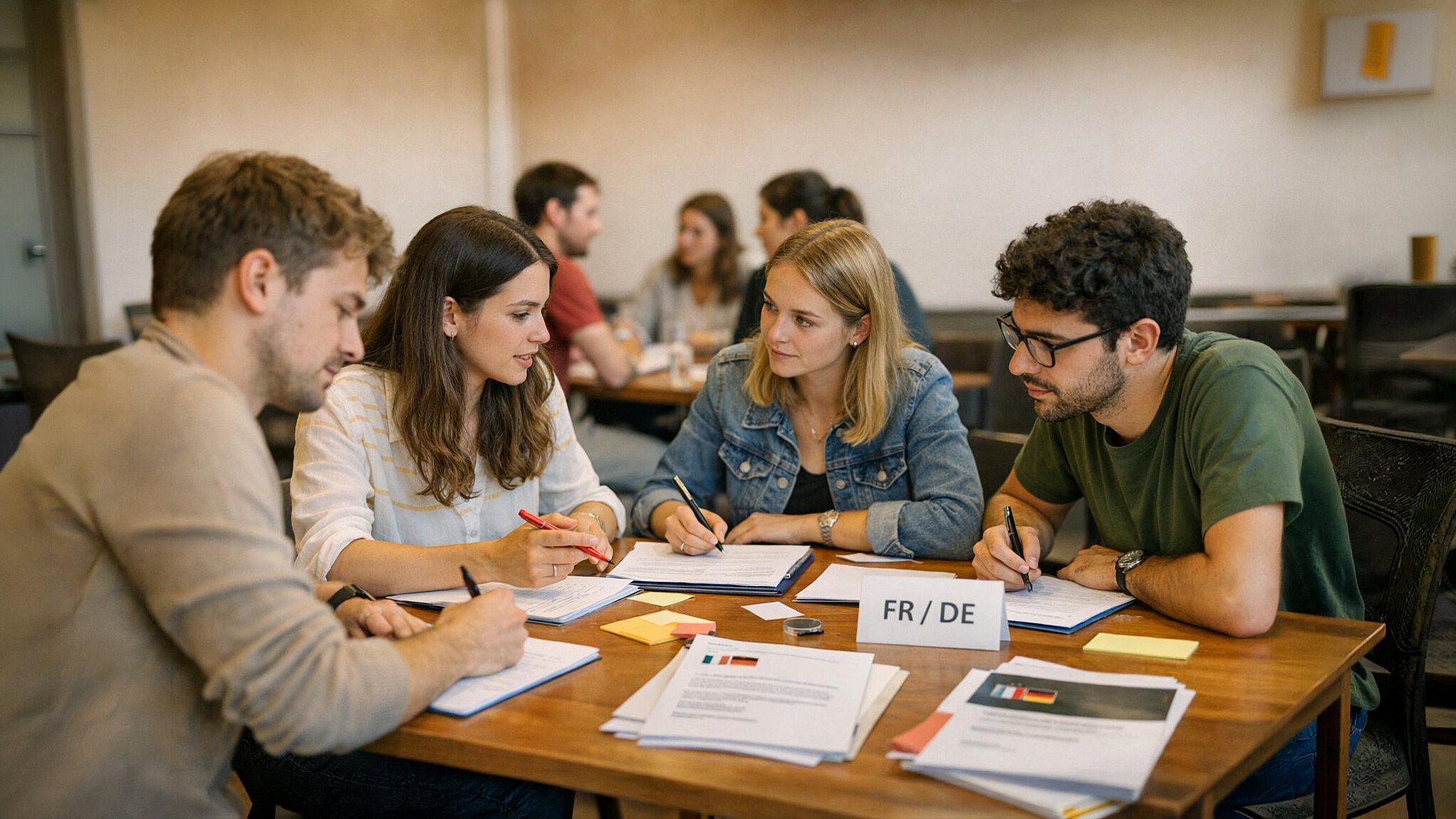 Mehrere Personen sitzen an einem Tisch und arbeiten gemeinsam an Unterlagen. Auf dem Tisch liegen Notizblöcke, Dokumente und ein Schild mit der Aufschrift „FR / DE“. Im Hintergrund sind weitere Gruppen in einem Seminarraum zu sehen.