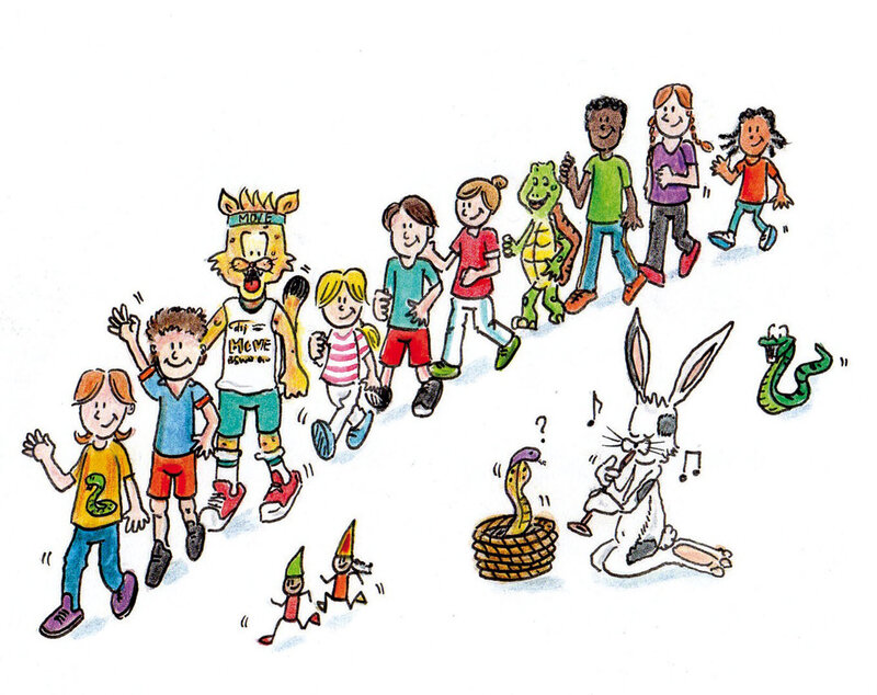 Illustration aus dem dsj-Bewegungskalender 2026 eines Schlangenlaufs mit Kindern in bunten T-Shirts, die in einer Reihe gehen. Ein Tiermaskottchen und ein Hase mit einer Flöte sind ebenfalls abgebildet.