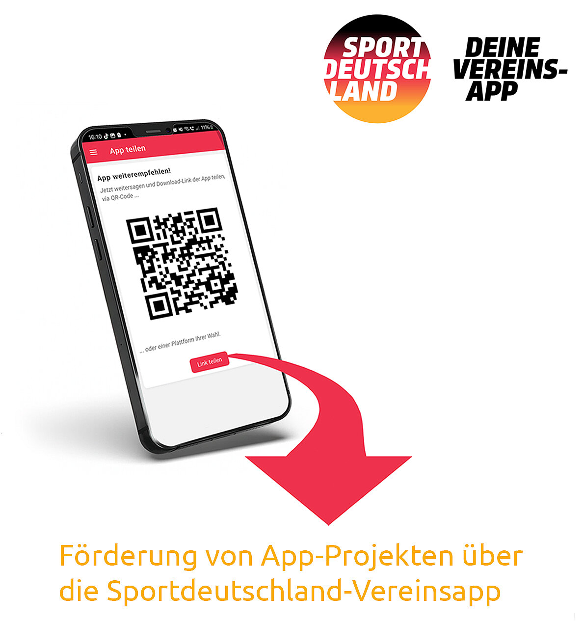 Ein Smartphone zeigt eine App mit einem QR-Code und dem Text "App weiterempfehlen". Darunter steht "Förderung von App-Projekten über die Sportdeutschland-Vereinsapp". Ein Pfeil zeigt nach unten.
