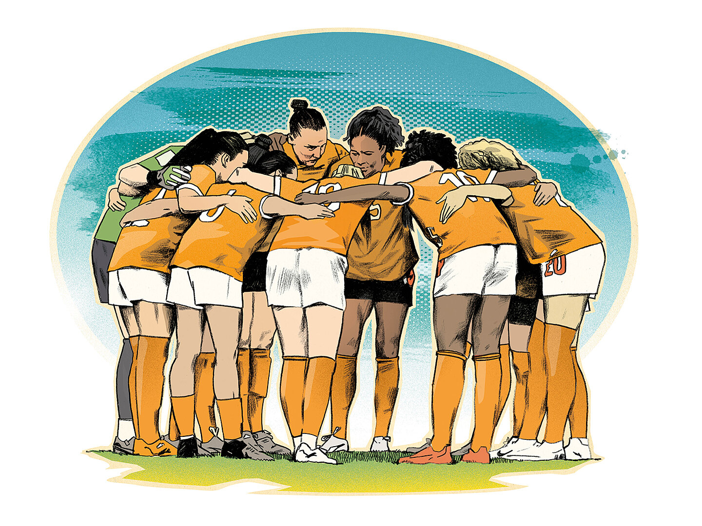 Illustration einer Sportmannschaft, die eng zusammengestanden im Kreis die Arme ineinander legt. Das Motiv steht für Teamgeist, Zusammenhalt und gemeinsames Engagement im Sport.