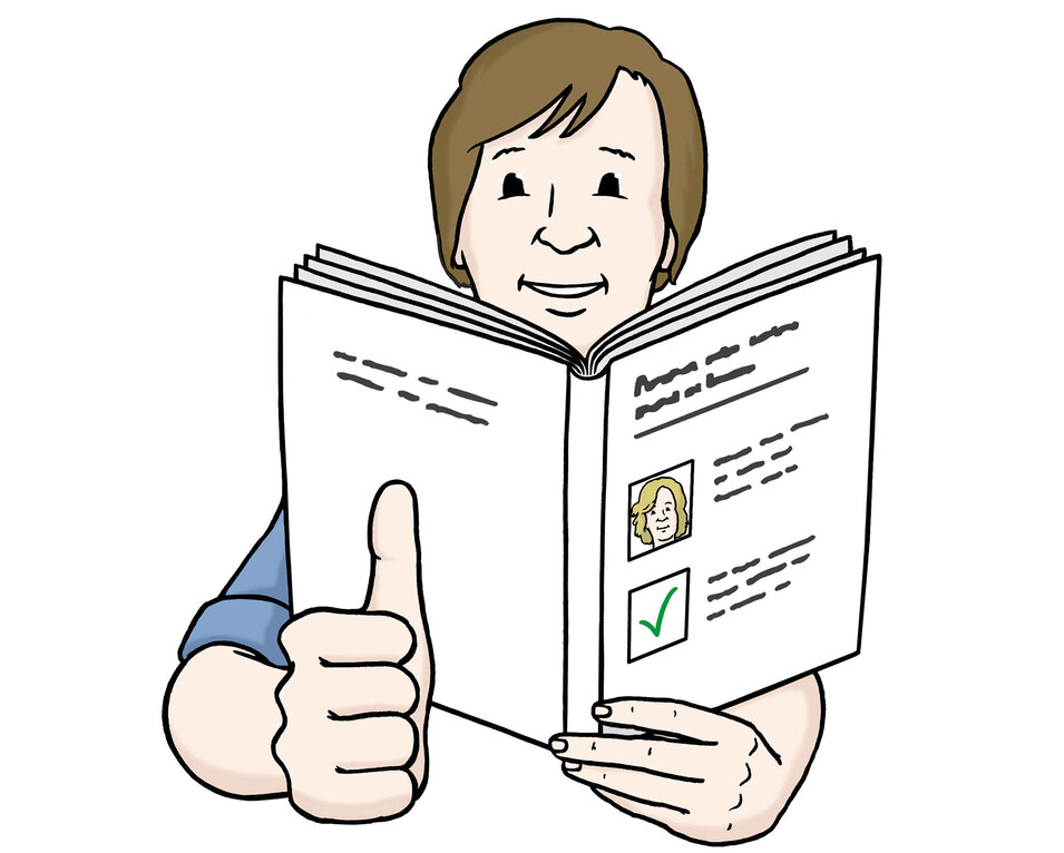Person hält ein aufgeschlagenes Buch und zeigt Daumen hoch, Symbol für Zustimmung oder Empfehlung - das ist das Zeichen für "Leichte Sprache"
