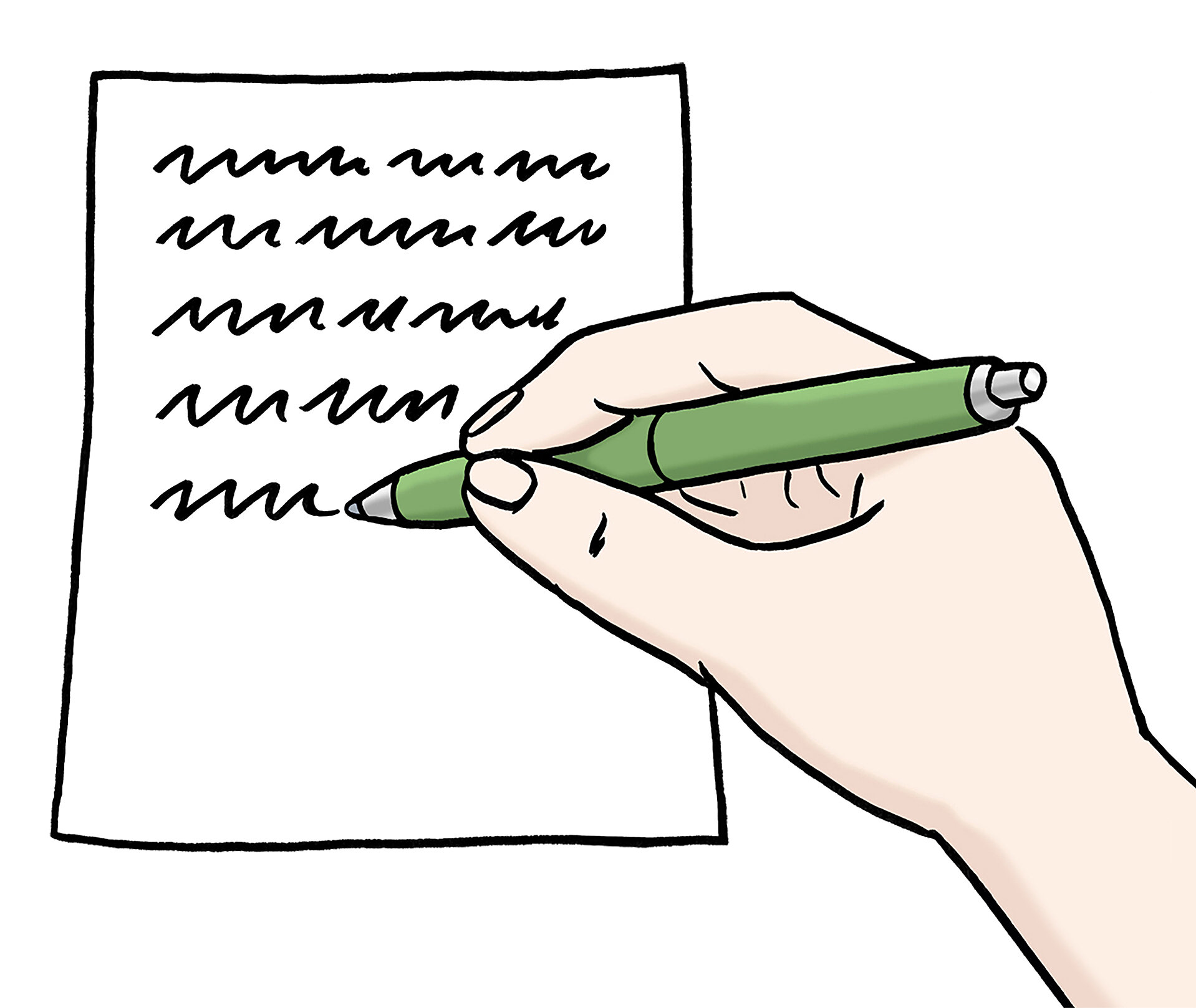 Eine Hand hält einen grünen Stift und schreibt auf ein Blatt Papier, das mit geschwungenen Linien bedeckt ist.