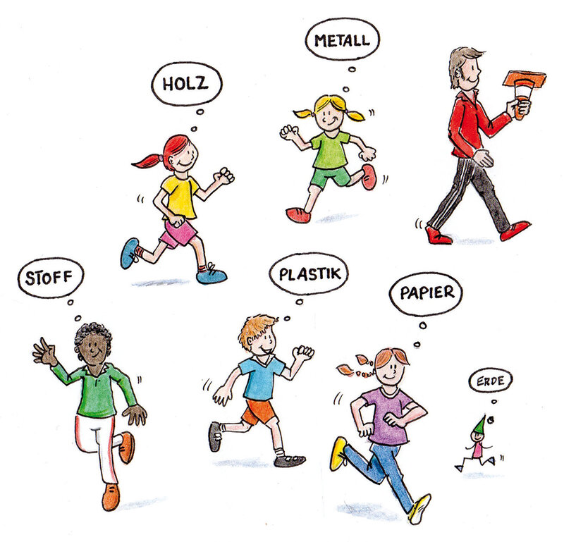 Illustration für den dsj-Bewegungskalender 2026. Sechs Kinder und ein Erwachsener laufen, umgeben von Sprechblasen mit den Wörtern: 'HOLZ', 'METALL', 'PLASTIK', 'PAPIER', 'STOFF', 'ERDE'.