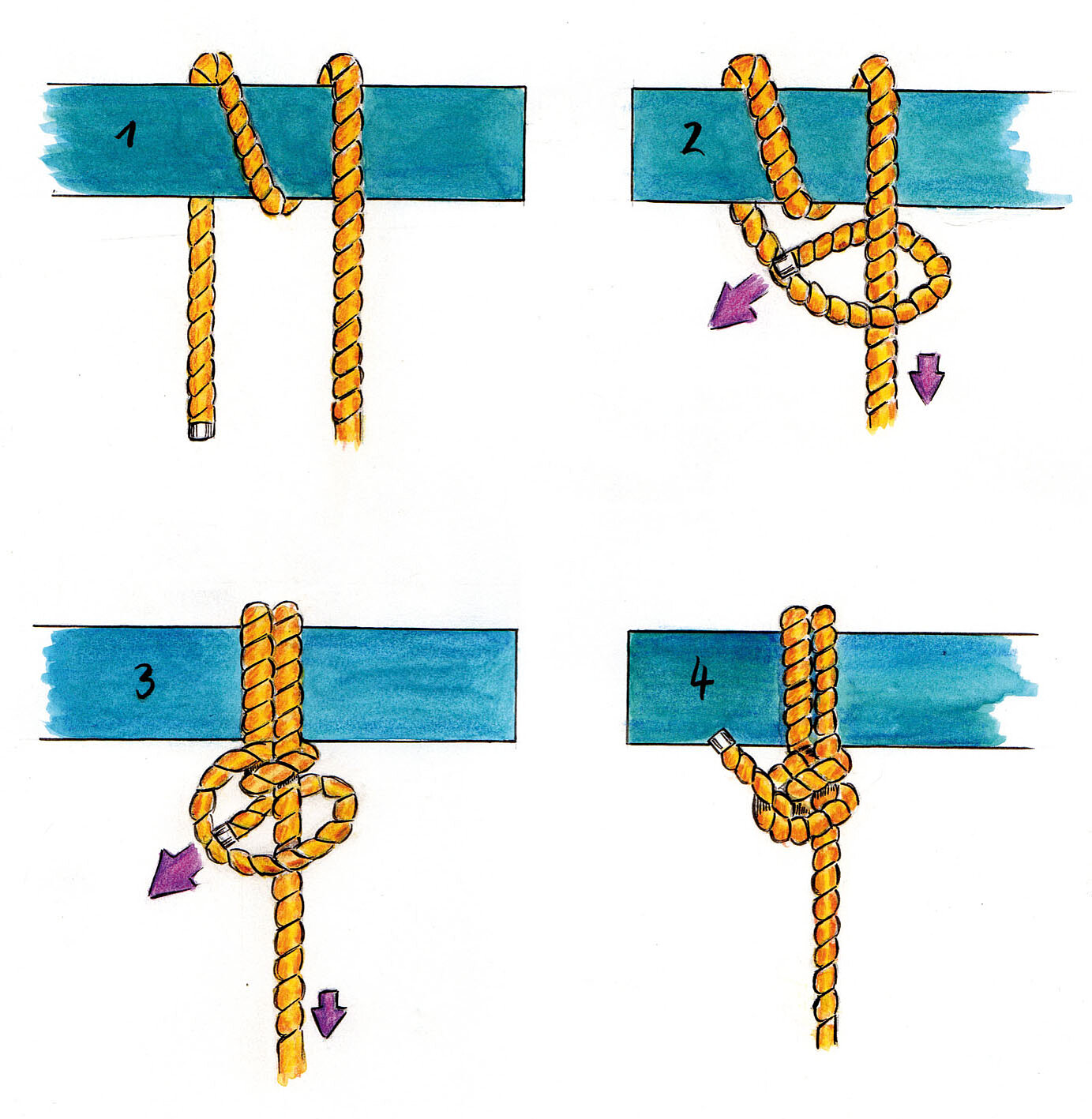 Schritt-für-Schritt-Illustration zeigt, wie ein Seil mit mehreren Knoten an einer Querstange befestigt wird.
