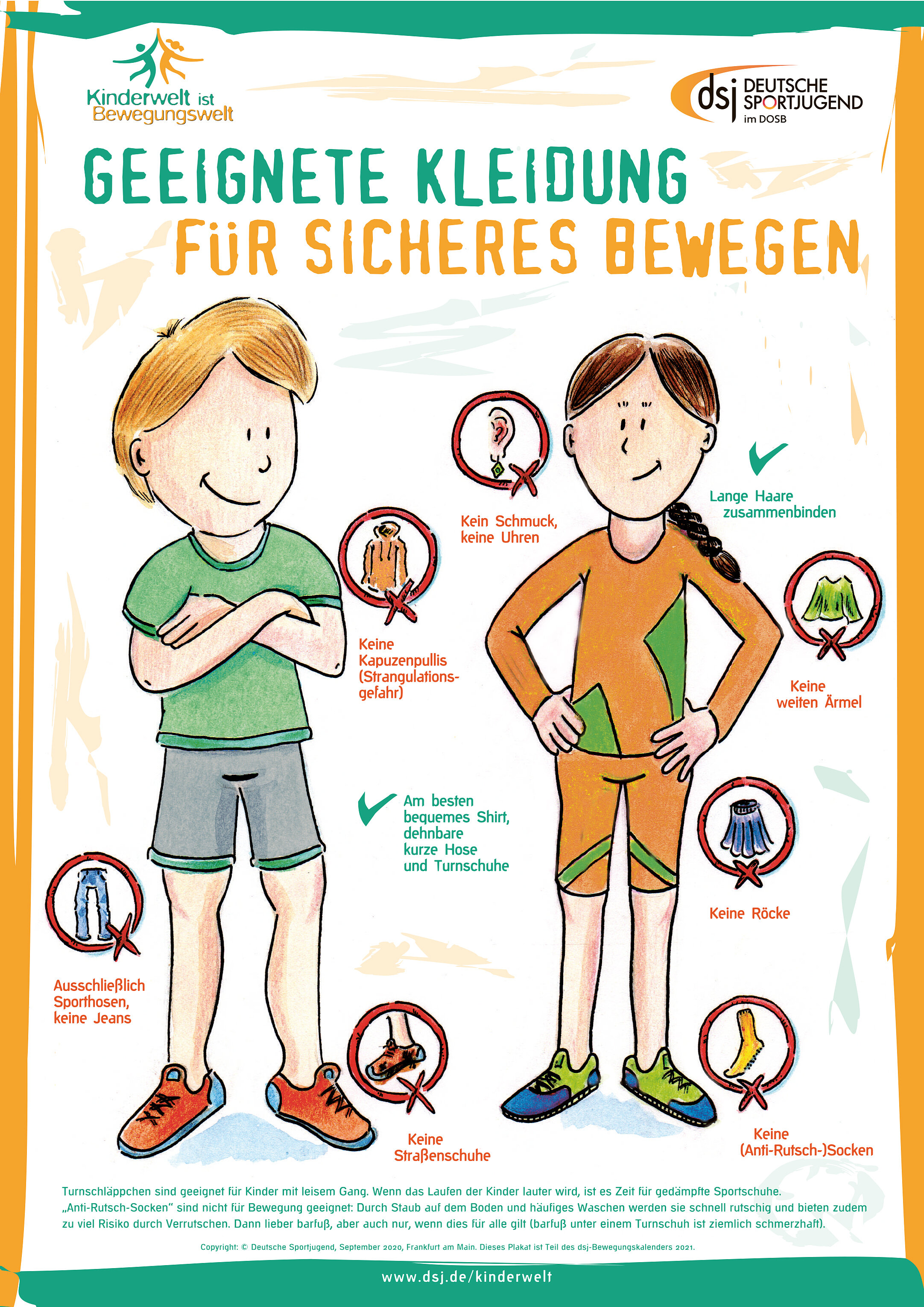 Infografik mit dem Titel „Geeignete Kleidung für sicheres Bewegen“ zeigt zwei Kinder mit passender Sportkleidung und Hinweisen zu Sicherheit und Komfort, darunter rutschfeste Schuhe, bequeme Kleidung und geeignete Materialien.