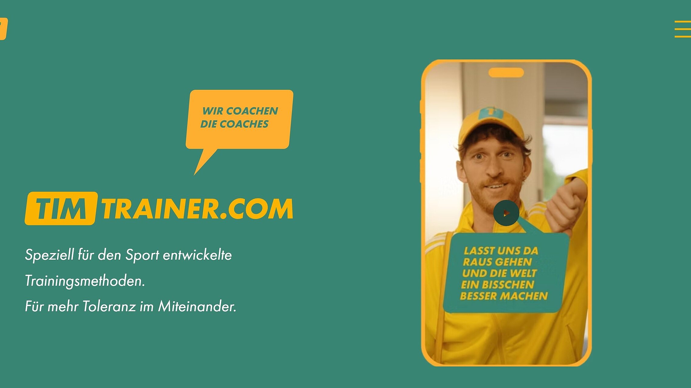Website-Titel 'TIM TRAINER.COM' mit Slogan 'Wir coachen die Coaches' und Text zu sportlichen Trainingsmethoden für mehr Toleranz