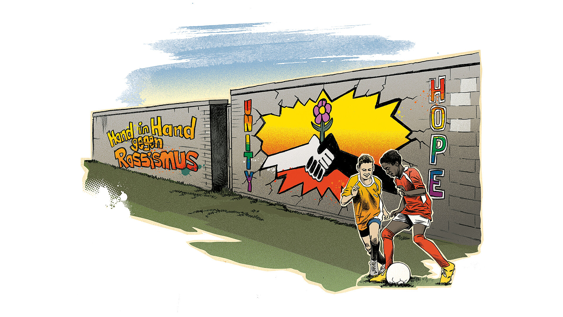 Zwei Kinder spielen Fußball vor einer Wand mit Graffiti, das 'Hand in Hand gegen Rassismus' und Symbole für Einheit und Hoffnung zeigt.