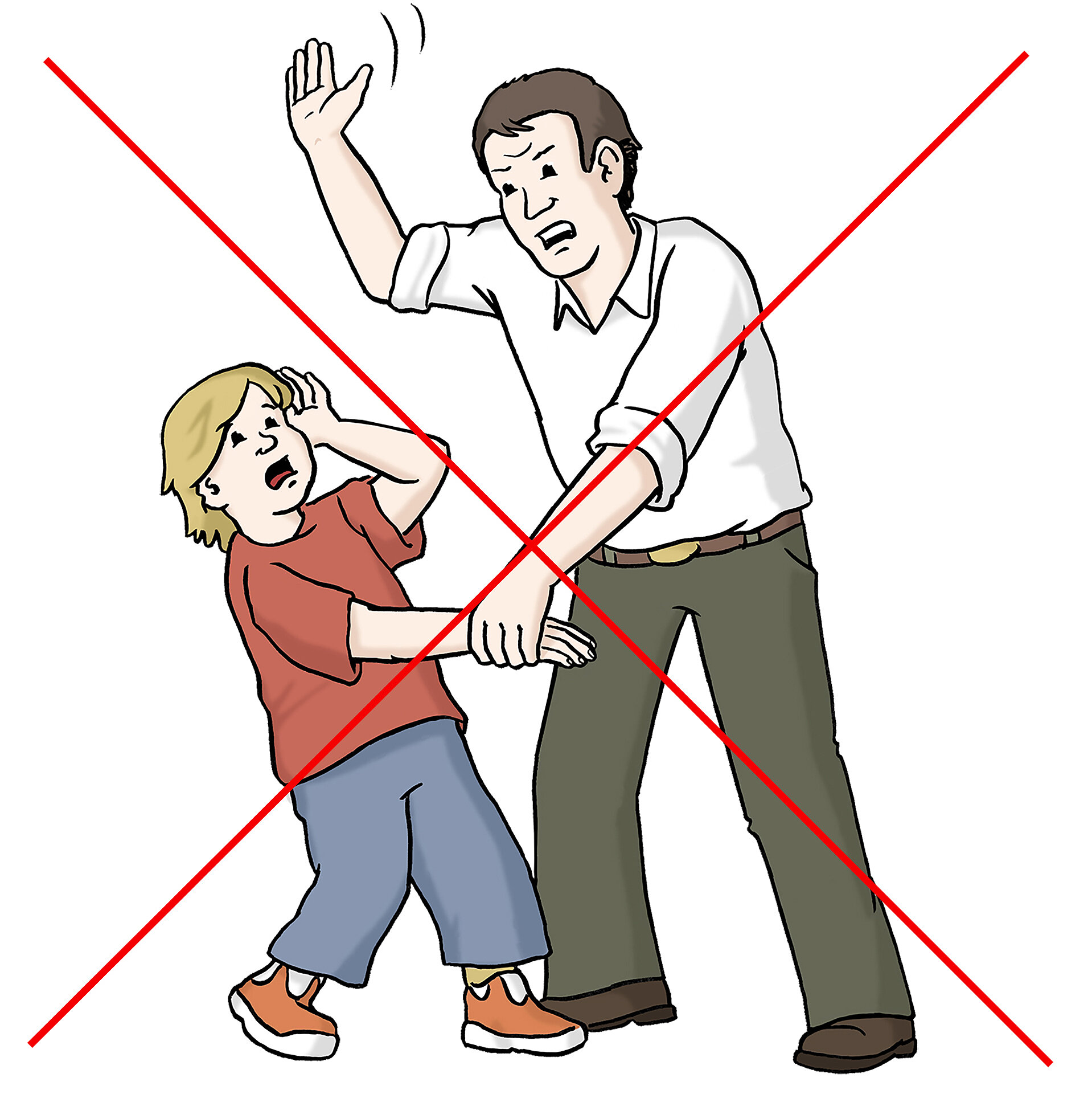 Grafische Illustration einer Konfliktsituation zwischen einer erwachsenen Person und einem Kind; ein rotes X kennzeichnet, dass dieses Verhalten nicht erlaubt ist.
