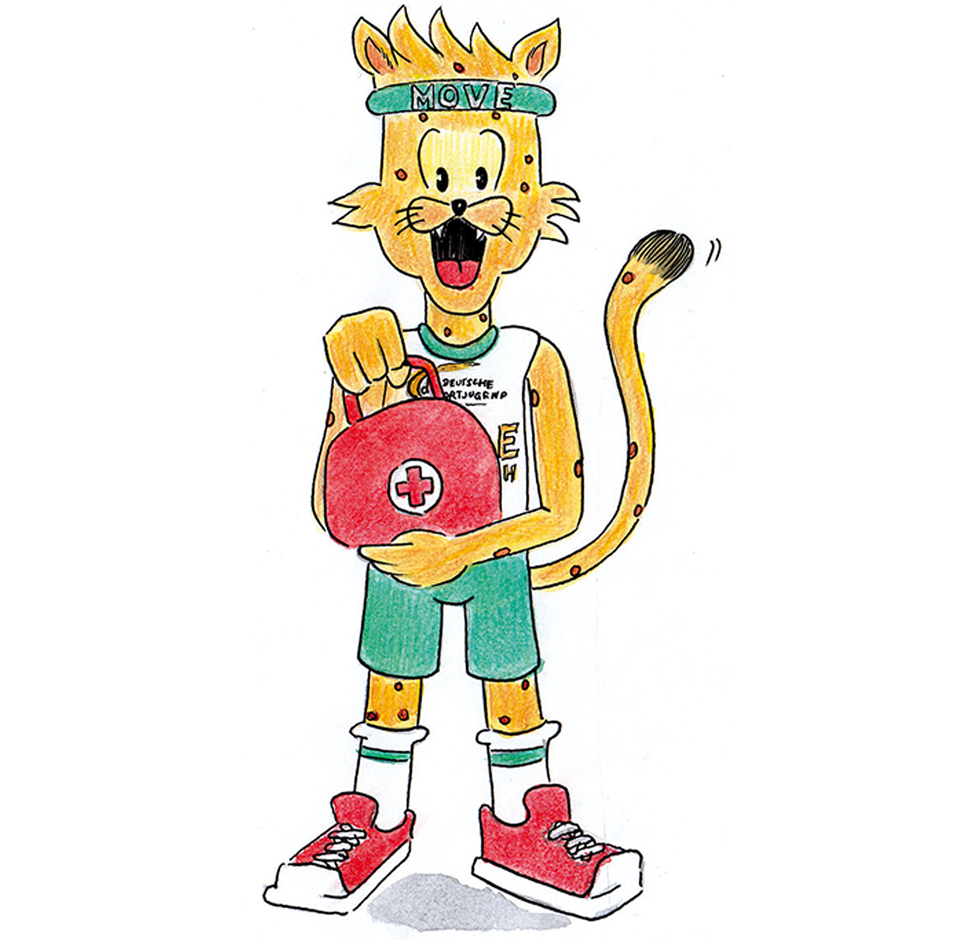 Ein cartoonartiger, gepunkteter Leopard steht mit einem breiten Lächeln da. Er trägt ein Sportoutfit mit einem Stirnband und hält eine rote Erste-Hilfe-Box in der Hand. Der Leopard hat einen langen Schwanz und trägt sportliche Schuhe.