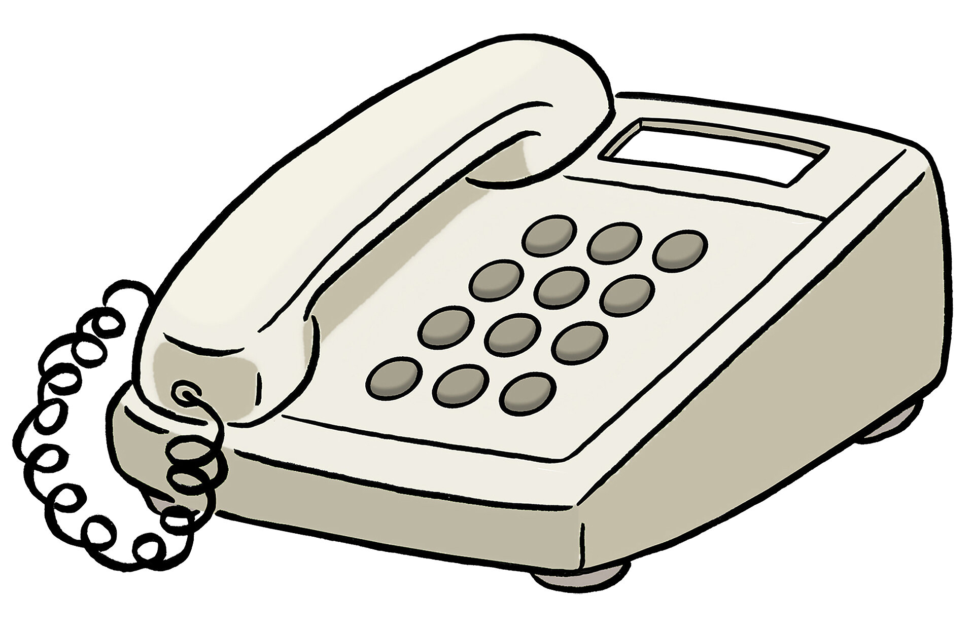 Ein klassisches Festnetztelefon in beige mit einem Hörer und einer Tastenfeld. Der Hörer ist auf der linken Seite platziert, und das Tastenfeld hat mehrere runde Tasten. Ein spiralförmiges Kabel verbindet den Hörer mit dem Telefon.