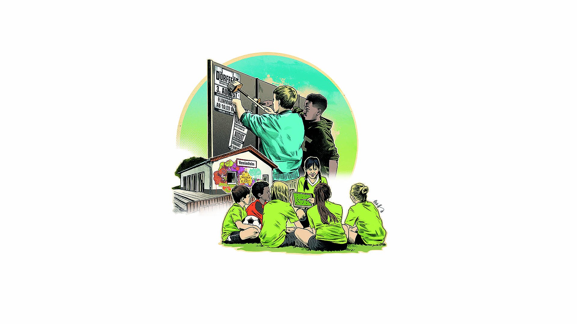 Eine Gruppe von Kindern in grünen T-Shirts sitzt auf dem Boden und schaut auf eine Wand, an der ein Plakat mit dem Text 'Internationaler Tag der Demokratie' befestigt wird. Im Hintergrund ist ein Gebäude mit bunten Grafiken zu sehen.