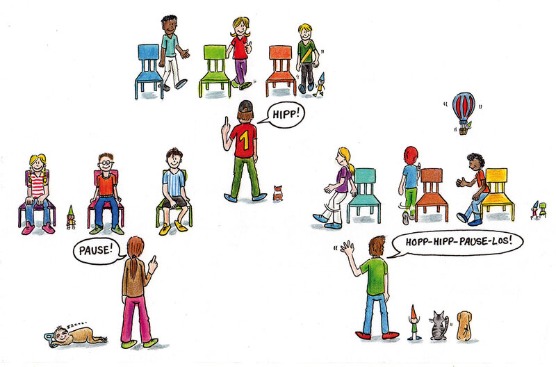 Illustration für den dsj-Bewegungskalender 2026. Kinder und Erwachsene in bunten Stühlen, mit Sprechblasen: 'HIPP!', 'PAUSE!', 'HOPP-HIPP-PAUSE-LOS!'.