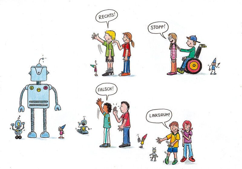 Illustration aus dem dsj-Bewegungskalender 2026. Ein großer Roboter steht links, während Kinder und eine Person im Rollstuhl Anweisungen geben. Textblasen zeigen 'RECHTS!', 'STOPP!', 'FALSCH!' und 'LINKSRUM!'.