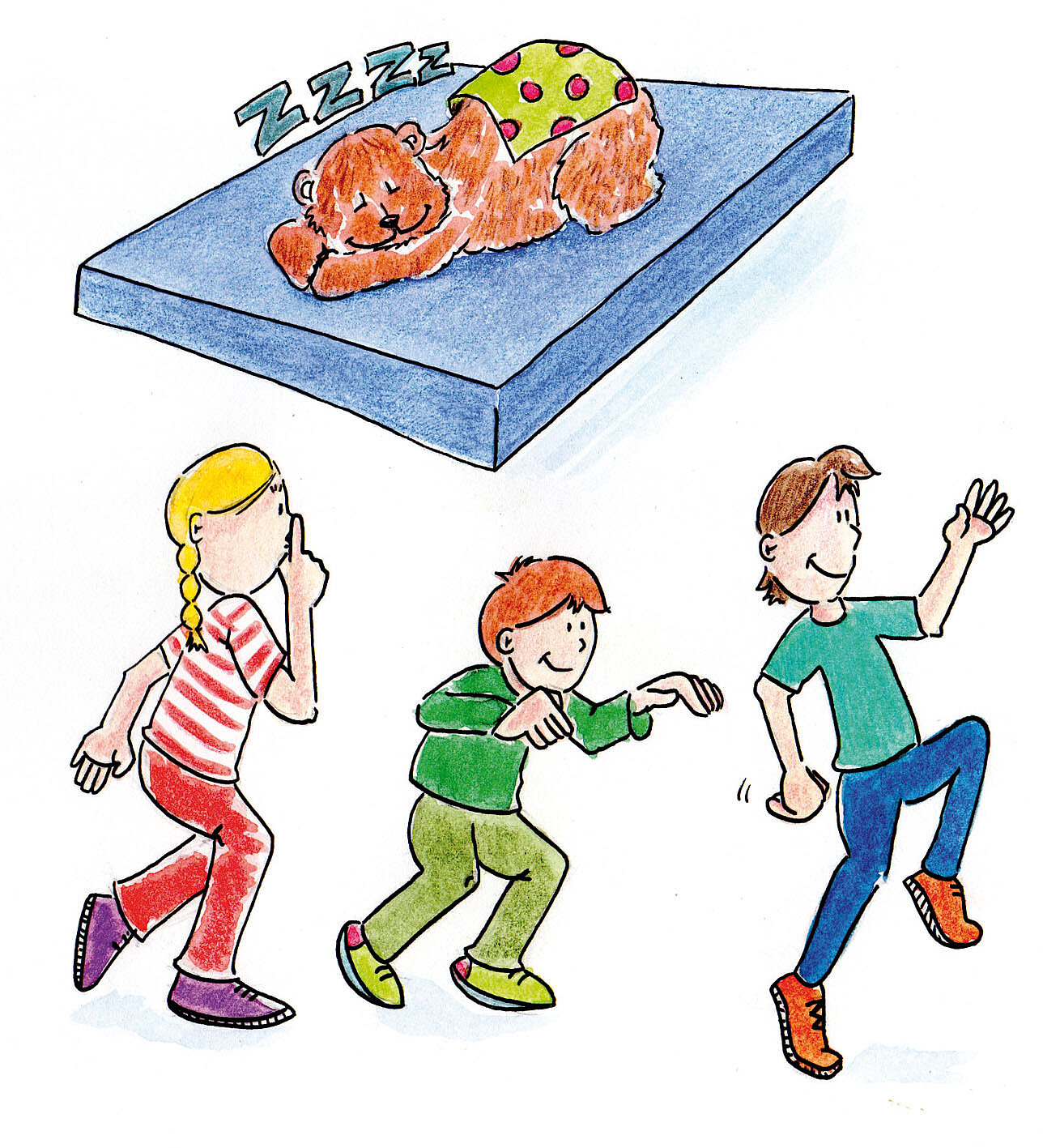 Illustration mehrerer Kinder unter einer Matte, die eine schlafender Bär bedeckt, während drei Kinder davor stehen und sich bewegen; die Darstellung zeigt unterschiedliche Aktivitätsniveaus von Ruhe und Bewegung.