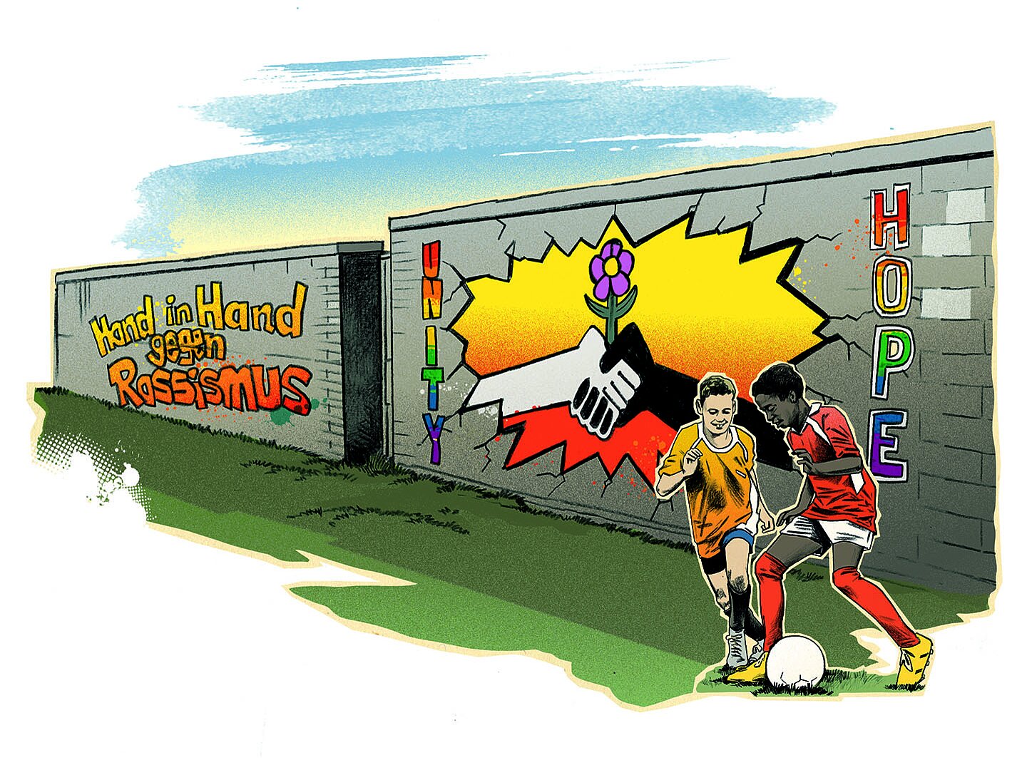 [Translate to Englisch:] Illustration einer Wand mit Schriftzügen gegen Rassismus sowie Symbolen für Gemeinschaft und Zusammenhalt. Im Vordergrund spielen zwei Kinder Fußball. Das Motiv steht für Vielfalt, Respekt und gemeinsames Miteinander im Sport.
