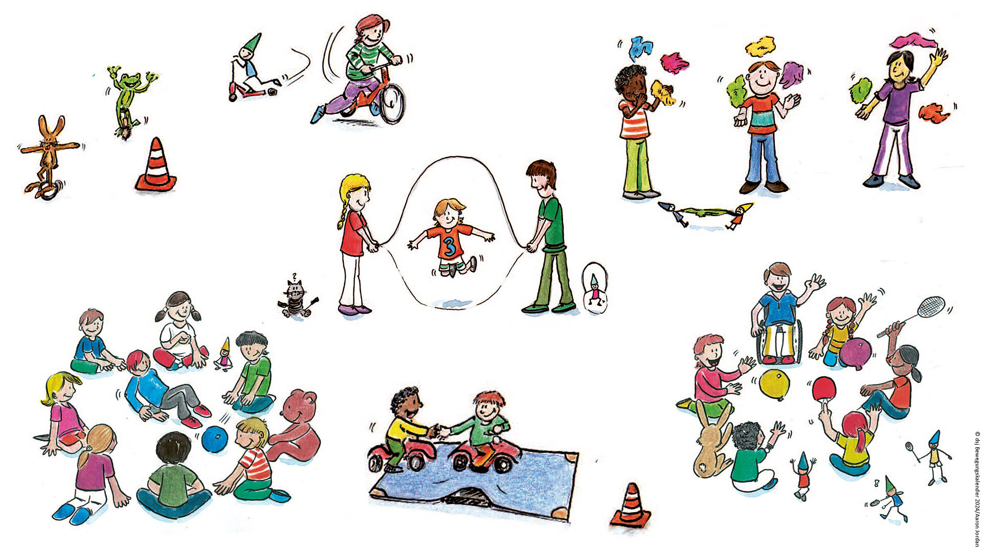 Eine bunte Illustration zeigt Kinder, die verschiedene Aktivitäten ausüben: Seilspringen, Radfahren, Spielen mit Bällen und Basteln. Einige Kinder interagieren in Gruppen, während andere alleine spielen. Die Szene vermittelt Freude und Gemeinschaft.