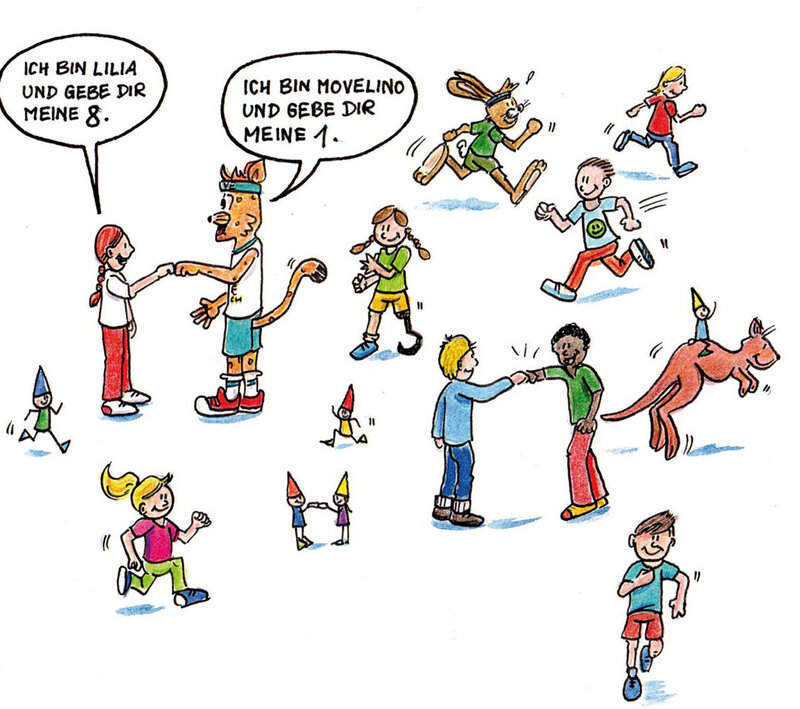 Illustration aus dem dsj-Bewegungskalender 2026. Kinder und ein Tier in Bewegung, mit Sprechblasen: 'Ich bin Lilia und gebe dir meine 8.' und 'Ich bin Movelino und gebe dir meine 1.