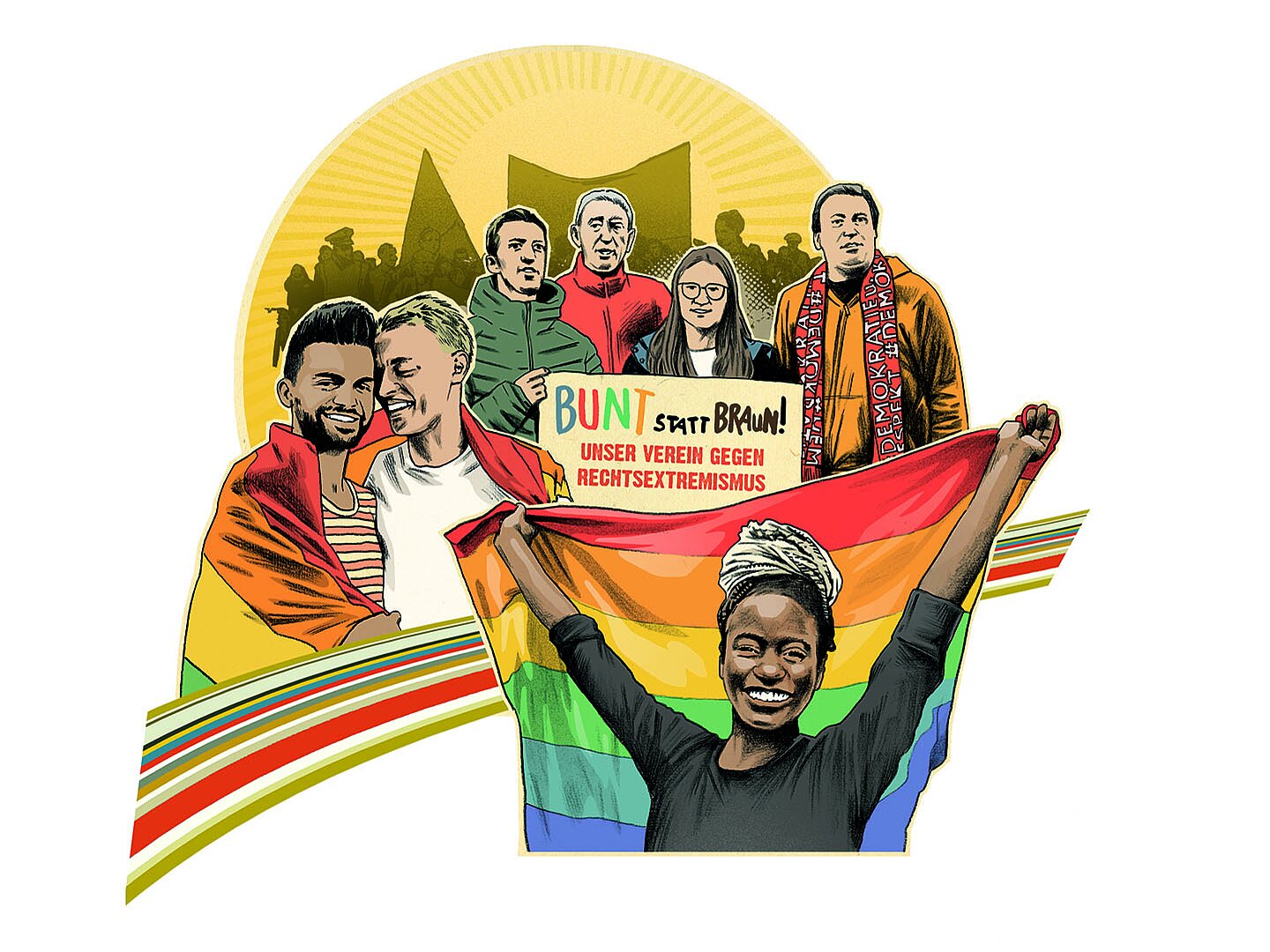 Illustration einer Gruppe von Menschen mit Fahne und Plakat gegen Rechtsextremismus. Das Motiv steht für Vielfalt, Solidarität und gemeinsames Engagement für Demokratie im Sport.