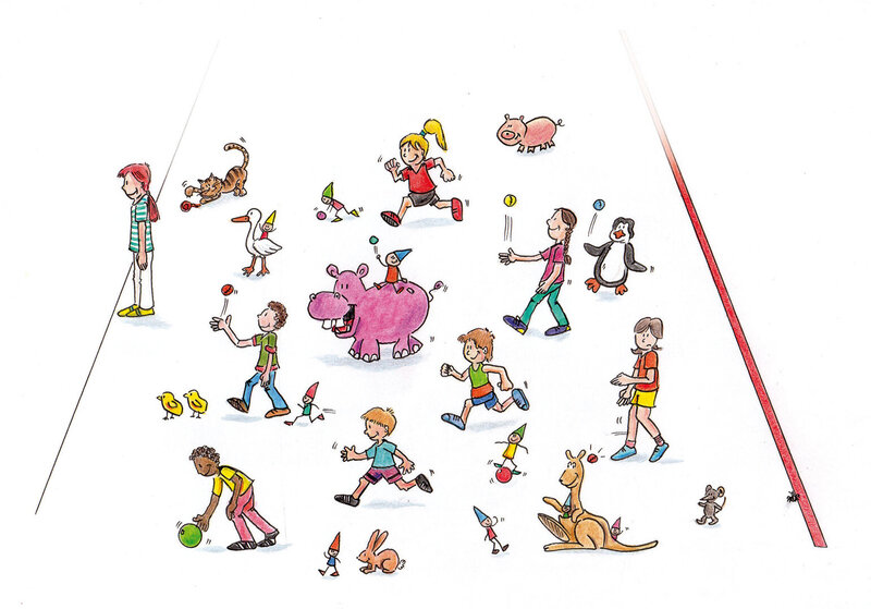 Illustration aus dem dsj-Bewegungskalender 2026. 'Hans guck um!'. Kinder und Tiere in verschiedenen Aktivitäten: ein Junge mit einem Ball, ein Mädchen mit einem Seil, ein rosa Nilpferd, ein Pinguin, ein Kaninchen und Vögel.