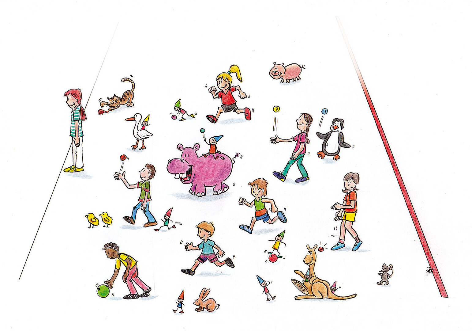 Illustration aus dem dsj-Bewegungskalender 2026. 'Hans guck um!'. Kinder und Tiere in verschiedenen Aktivitäten: ein Junge mit einem Ball, ein Mädchen mit einem Seil, ein rosa Nilpferd, ein Pinguin, ein Kaninchen und Vögel.